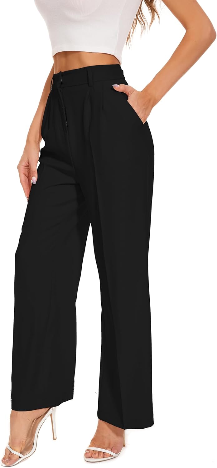 FUNYYZO Women’s Wide Leg Pants High Elastic Waisted in The Back Business Work Trousers Long Straight Suit Pants