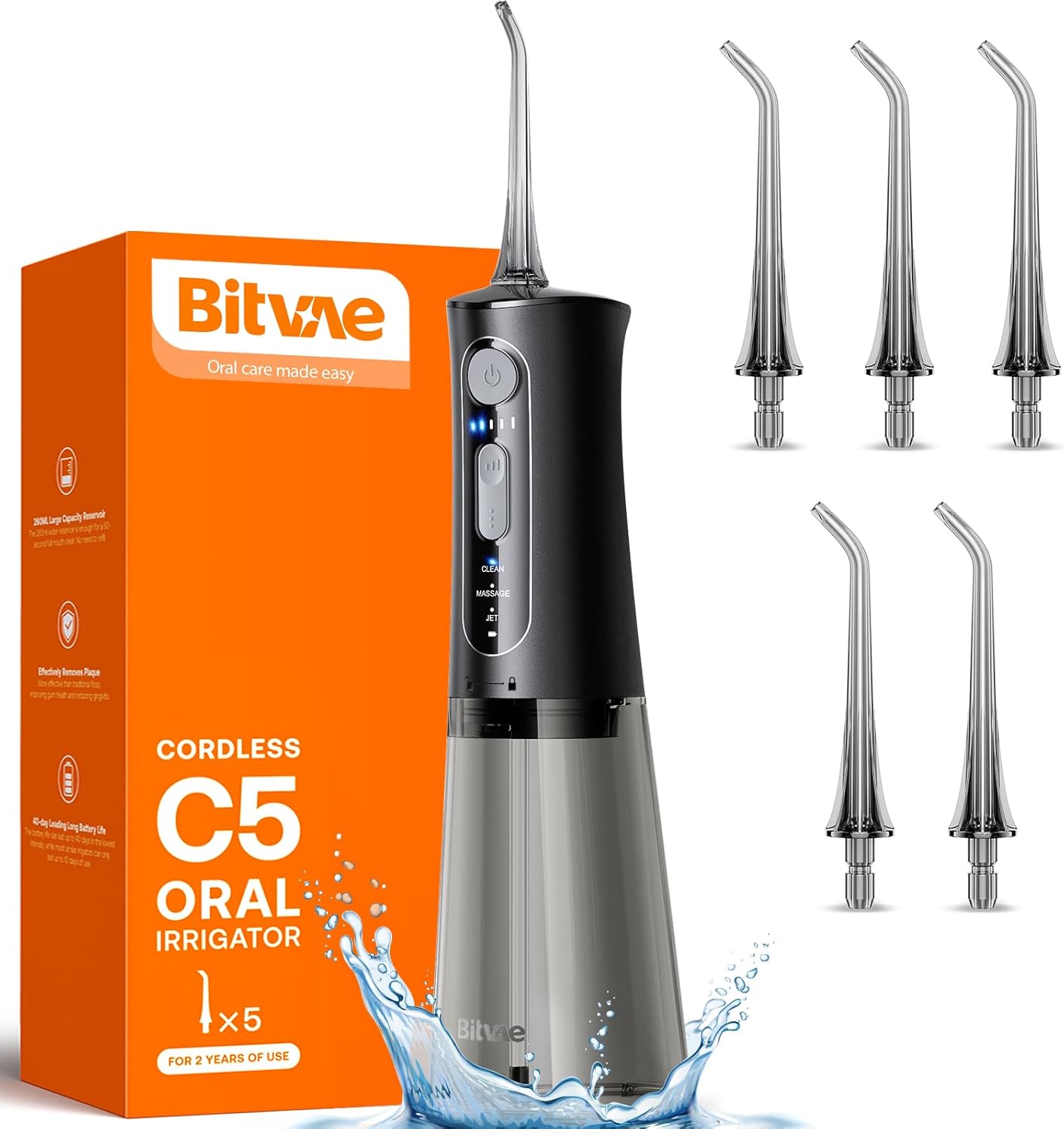 Bitvae C5 Water Dental Flosser for Teeth Picks, Cordless Water Flosser, 3 Modes 5 Intensities, IPX7 Waterproof Water Teeth Cleaner, 5 Tips Rechargeable Water Dental Picks for Cleaning – Black