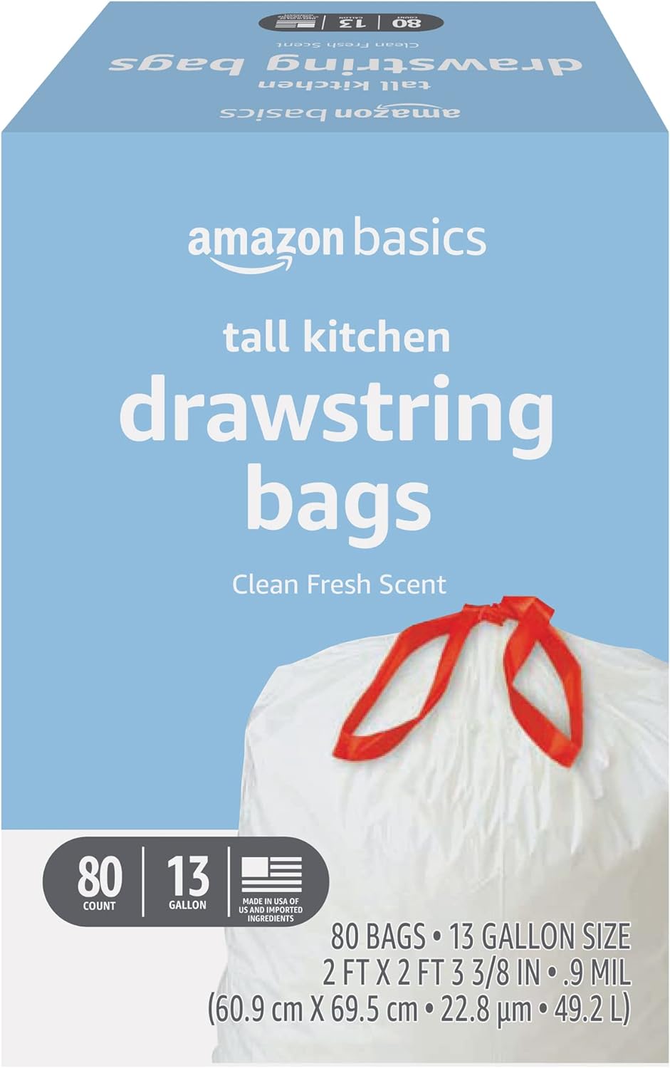 Amazon Basics Tall Kitchen Drawstring Trash Bags, Clean Fresh Scent, 13 Gallon, 80 Count, Pack of 1