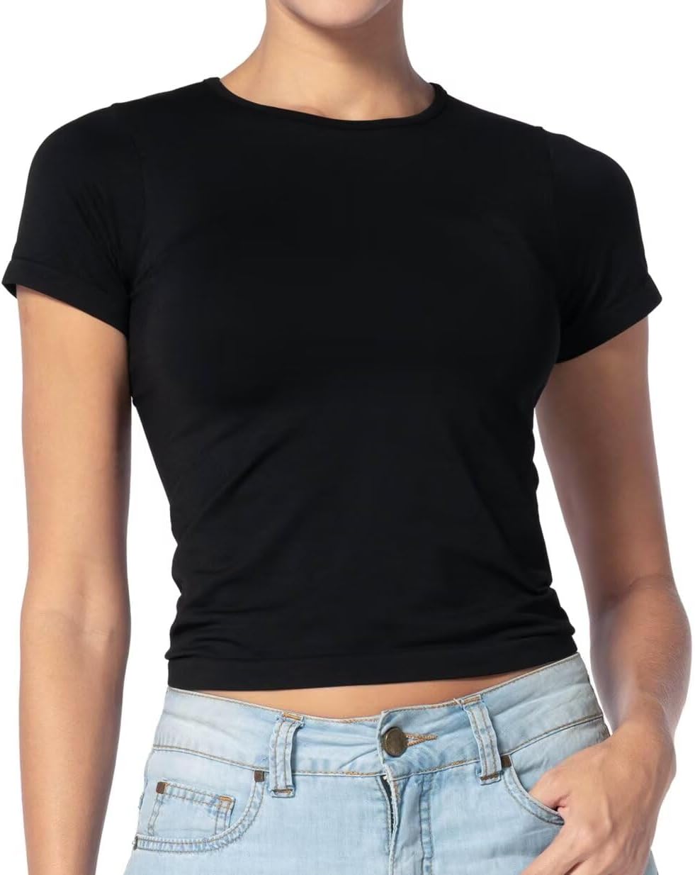 Sunzel Short Sleeve Fitted Tight Shirts for Women, Slim Fit T Shirts Ultra Soft Crew Neck Basic Tees Cute Trendy Summer Tops