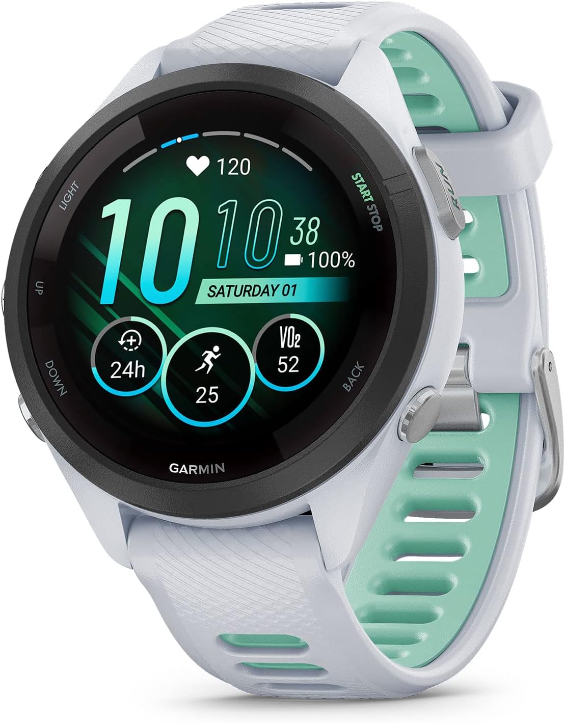 Garmin Forerunner 265S Running Smartwatch, Colorful AMOLED Display, Training Metrics and Recovery Insights, Whitestone and Neo Tropic 42 mm