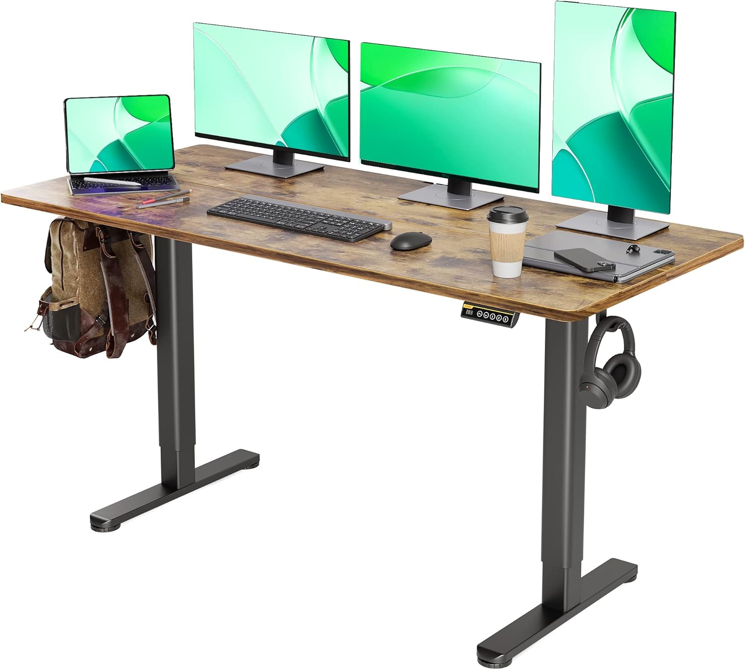 Electric Standing Desk, Adjustable Height Stand up Desk, 63×24 Inches Sit Stand Home Office Desk with Splice Board, Black Frame/Rustic Brown Top
