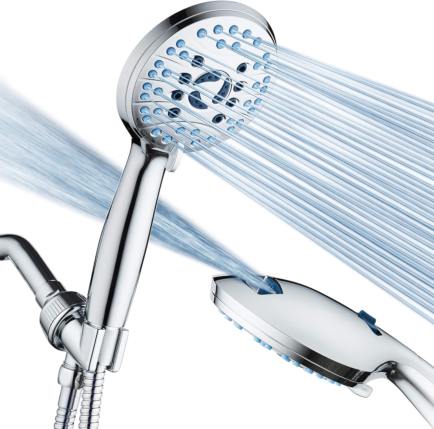 AquaCare High Pressure 8-mode Handheld Shower Head – Anti-clog Nozzles, Built-in Power Wash to Clean Tub, Tile & Pets, Extra Long 6 ft. Stainless Steel Hose, Wall & Overhead Brackets