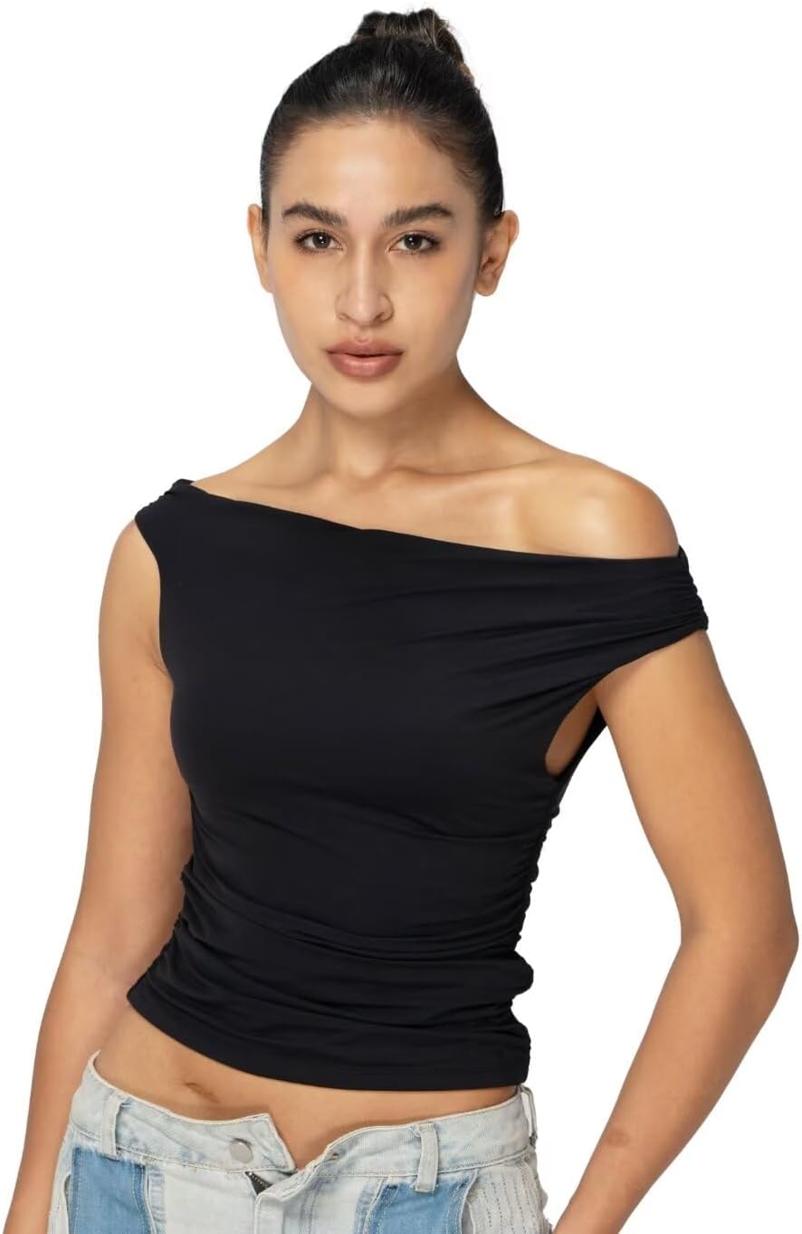 Sunzel Women’s Off Shoulder Sleeveless Crop Top, Y2K Trendy Going Out Tank Shirt, Asymmetrical Neckline & Ruched Detail
