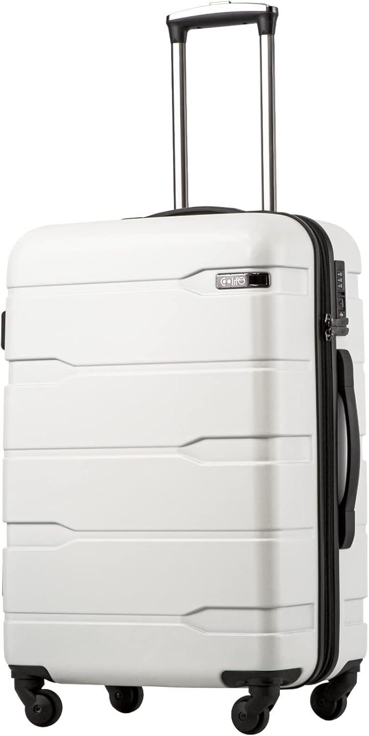 Coolife Luggage Expandable(only 28″) Suitcase PC+ABS Spinner Built-In TSA lock 20in 24in 28in Carry on (white, S(20in_carry on))