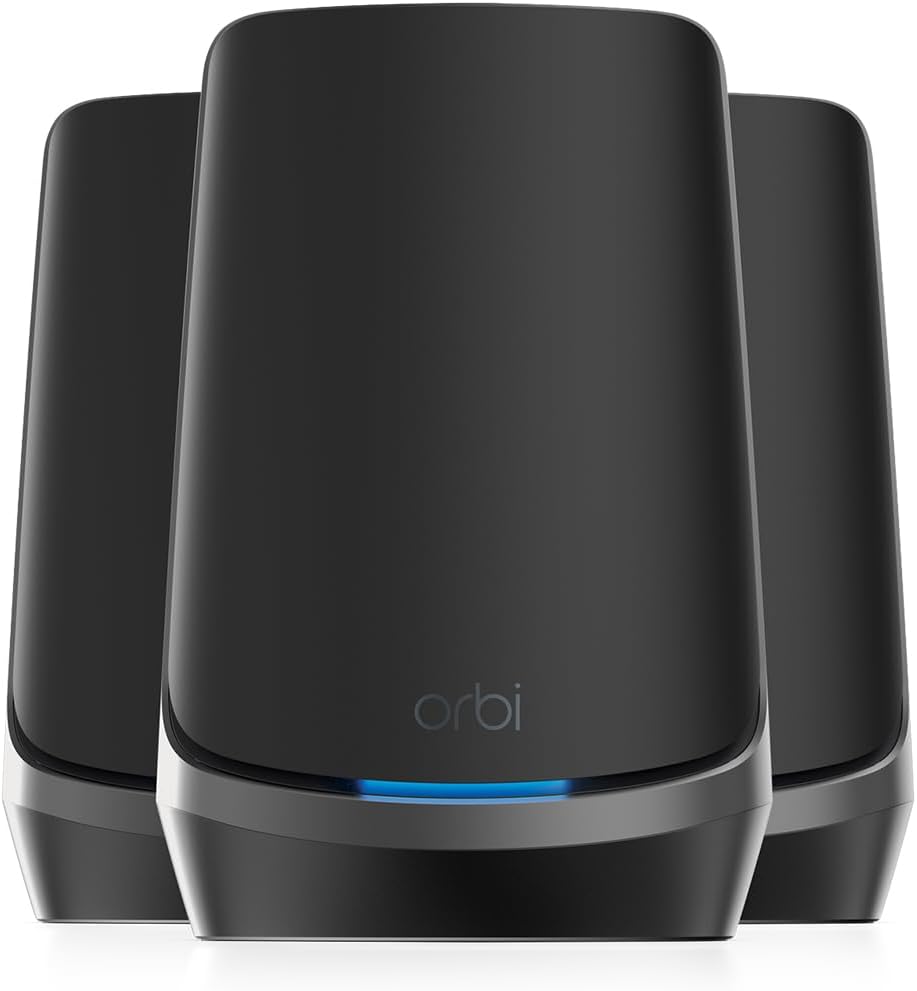 NETGEAR Orbi Quad-Band WiFi 6E Mesh System (RBKE963B) – Router + 2 Satellite Extenders – Coverage up to 9,000 sq. ft. – 200 Devices – 10 Gig Internet Port – AXE11000 (up to 10.8Gbps) – Black