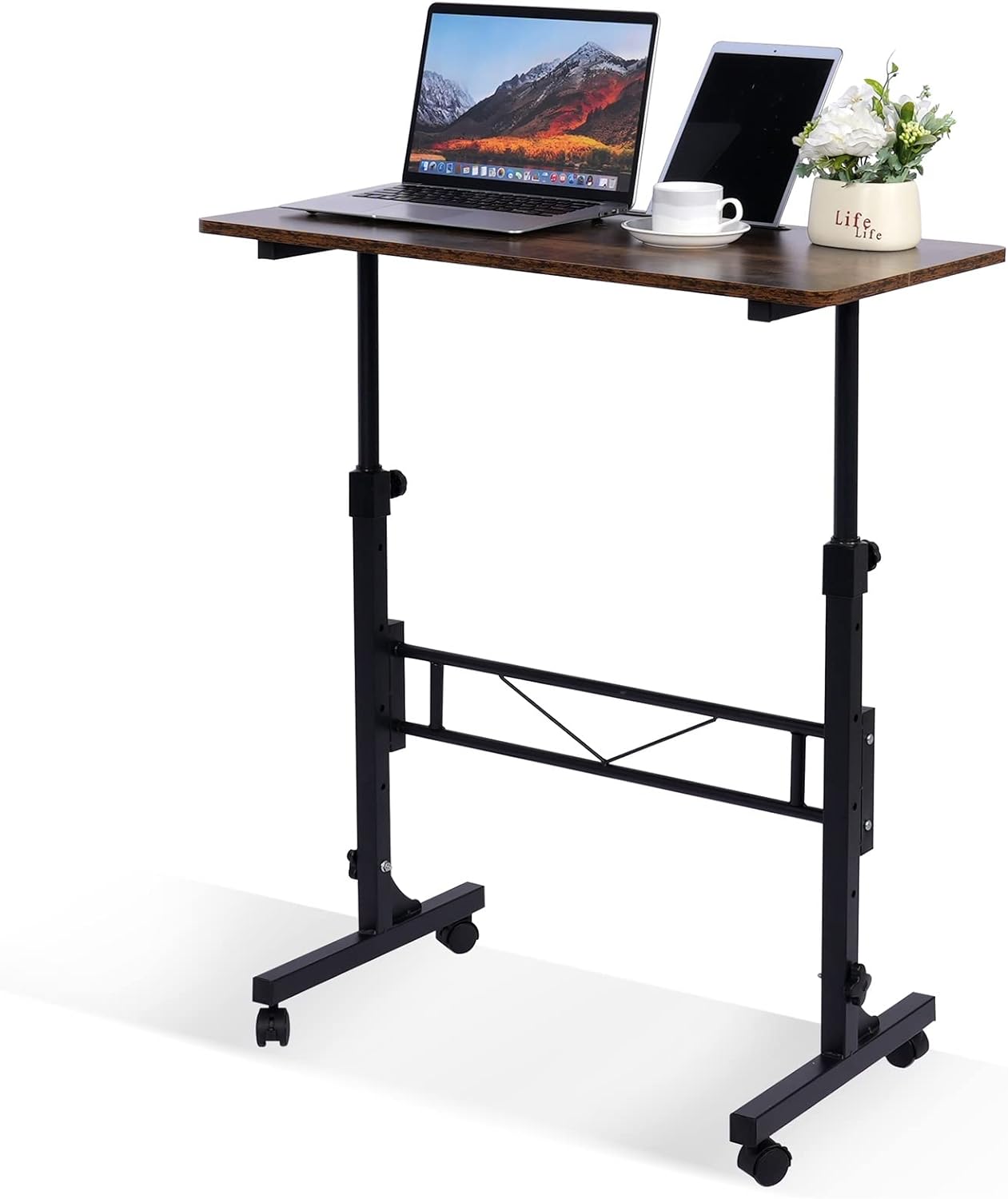 Standing Desk Adjustable Height, Mobile Stand Up Desk with Wheels Small Computer Desk Rolling Desk, Portable Laptop Desk Rustic Standing Table Sit Stand Home Office Desks 16″x31.5″ Height 27″-43.5″