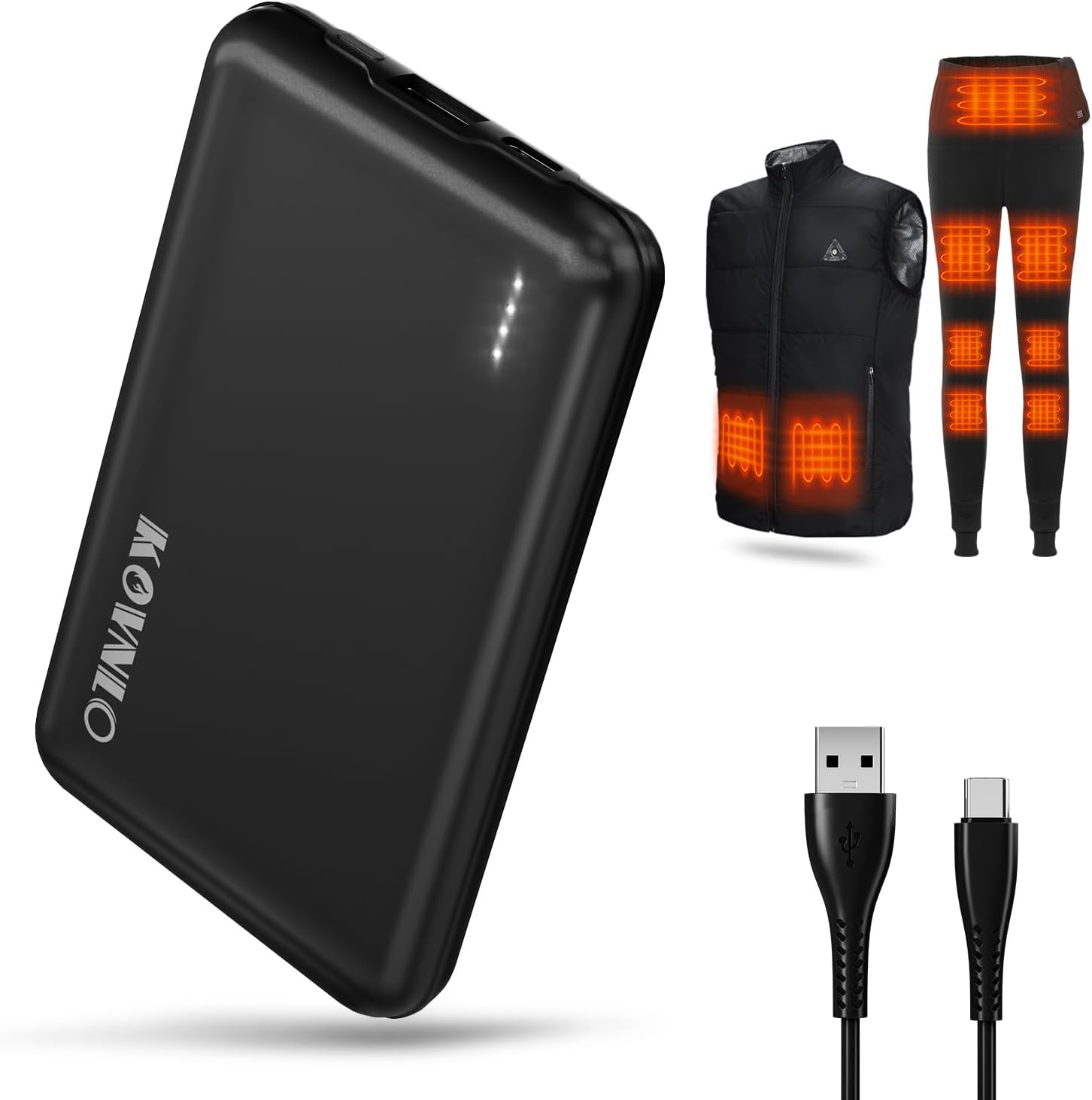 KOVNLO Battery Pack for Heated Vest, 5V 2A 10000mAh USB Power Bank with USB-C Charging Cable, Ultra Thin Portable Charger for Heated Jacket, Pants, Scarf, iPhone, Android etc.