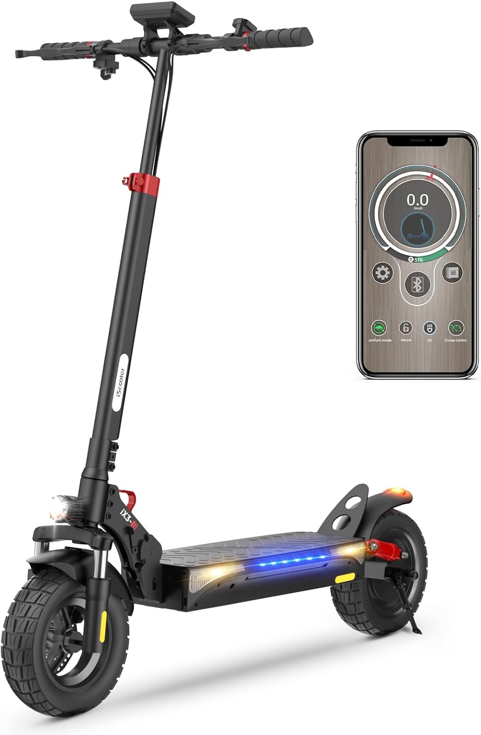 iScooter iX3 Electric Scooter,10″ Off Road Pneumatic Tires,800W Motor E-Scooter Up to 25 Miles Range, Top Speed 24MPH, Adjustable Handlebar Height, Folding Commuting Electric Scooter for Adults