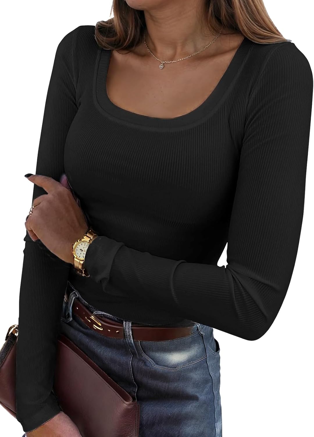 Newchoice Womens Fall Long Sleeve Scoop Neck T-Shirts Knit Ribbed Casual Stretchy Fitted Basic Tee Shirt Tops