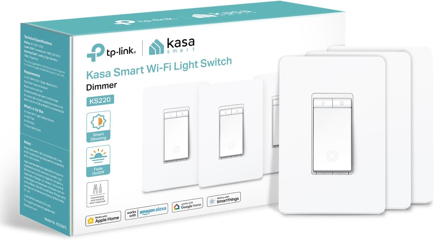 Kasa Apple HomeKit Smart Dimmer Switch KS220P3, Single Pole, Neutral Wire Required,2.4GHz Wi-Fi Light Works with Siri, Alexa and Google Home,UL Certified, No Hub Required,White, 3 Count (Pack of 1)