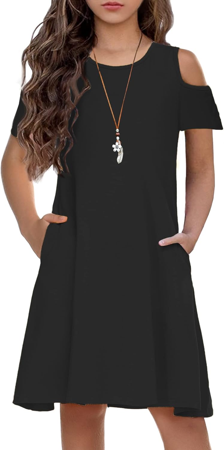 Arshiner Girls Summer Dress Short Sleeve Cold Shoulder Solid Color Swing Casual Dresses with Pockets
