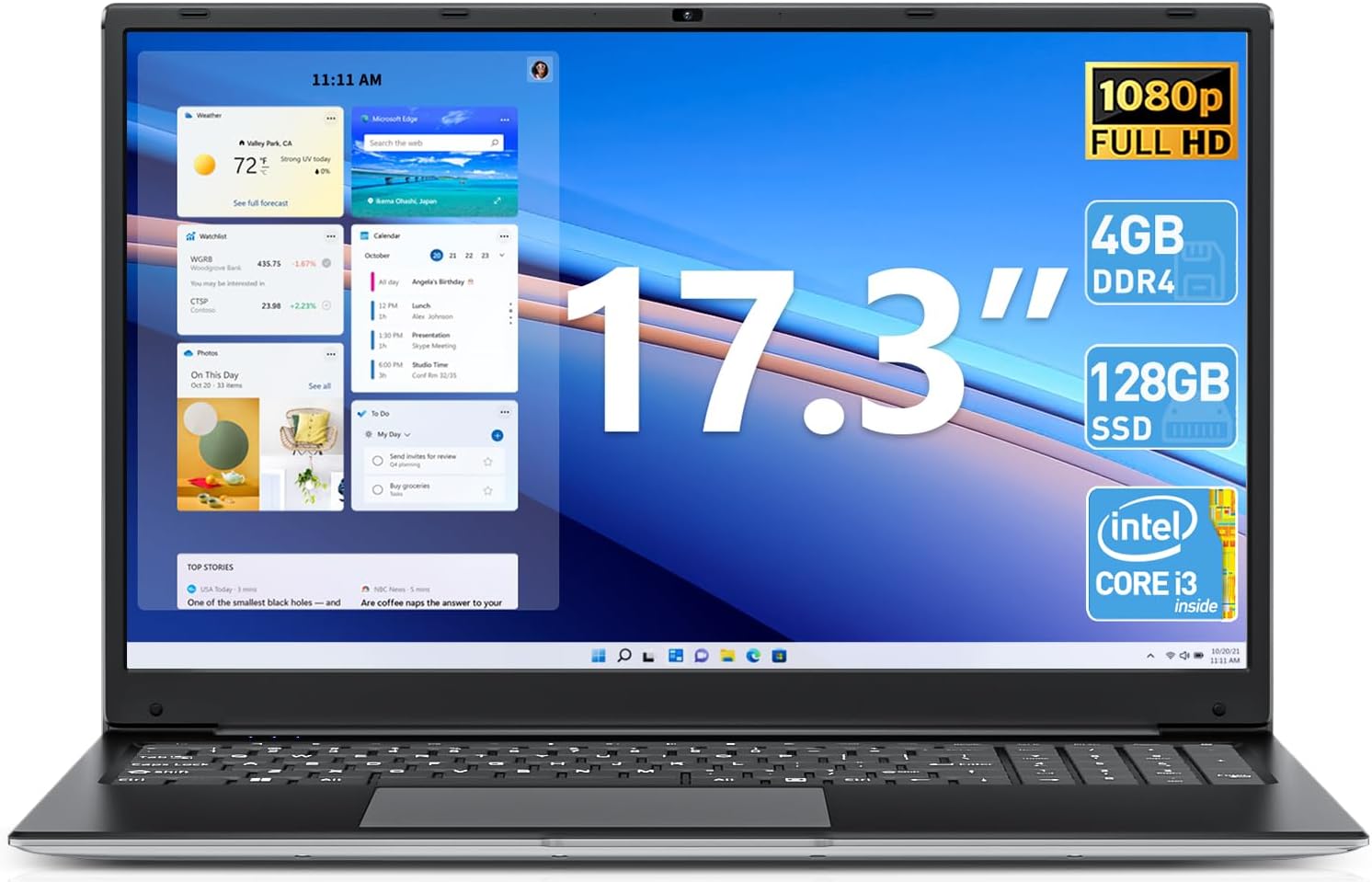 Laptop, 17.3 Inch Laptops Computer, 4GB DDR3 128GB SSD Notebook with Core i3 Processor (up to 2.4 GHz), FHD IPS 1920 Display, Webcam, Mini HDMI, USB3.2 * 2, Dual WiFi, Type-C, Expandable 1TB