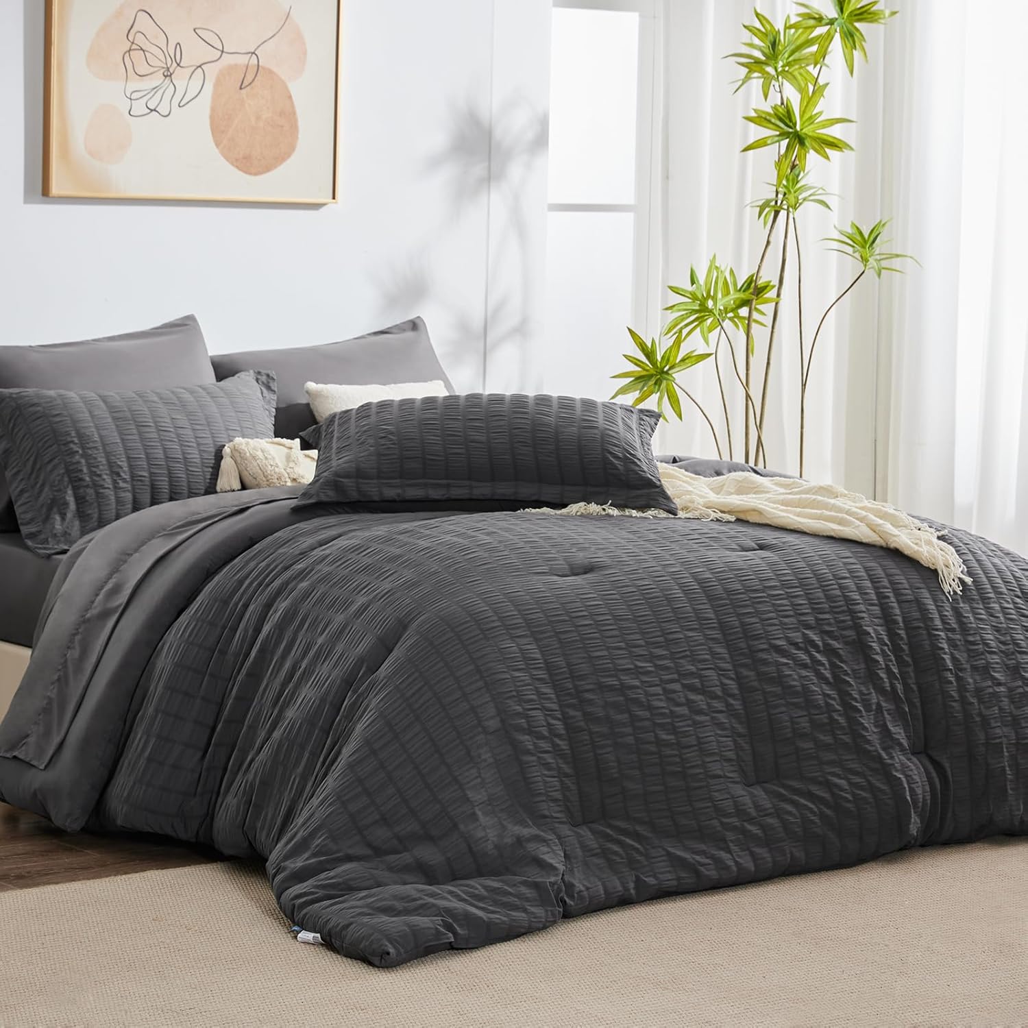 CozyLux King Seersucker Comforter Set with Sheets Dark Grey Bed in a Bag 7-Pieces All Season Bedding Sets with Comforter, Pillow Sham, Flat Sheet, Fitted Sheet, Pillowcase