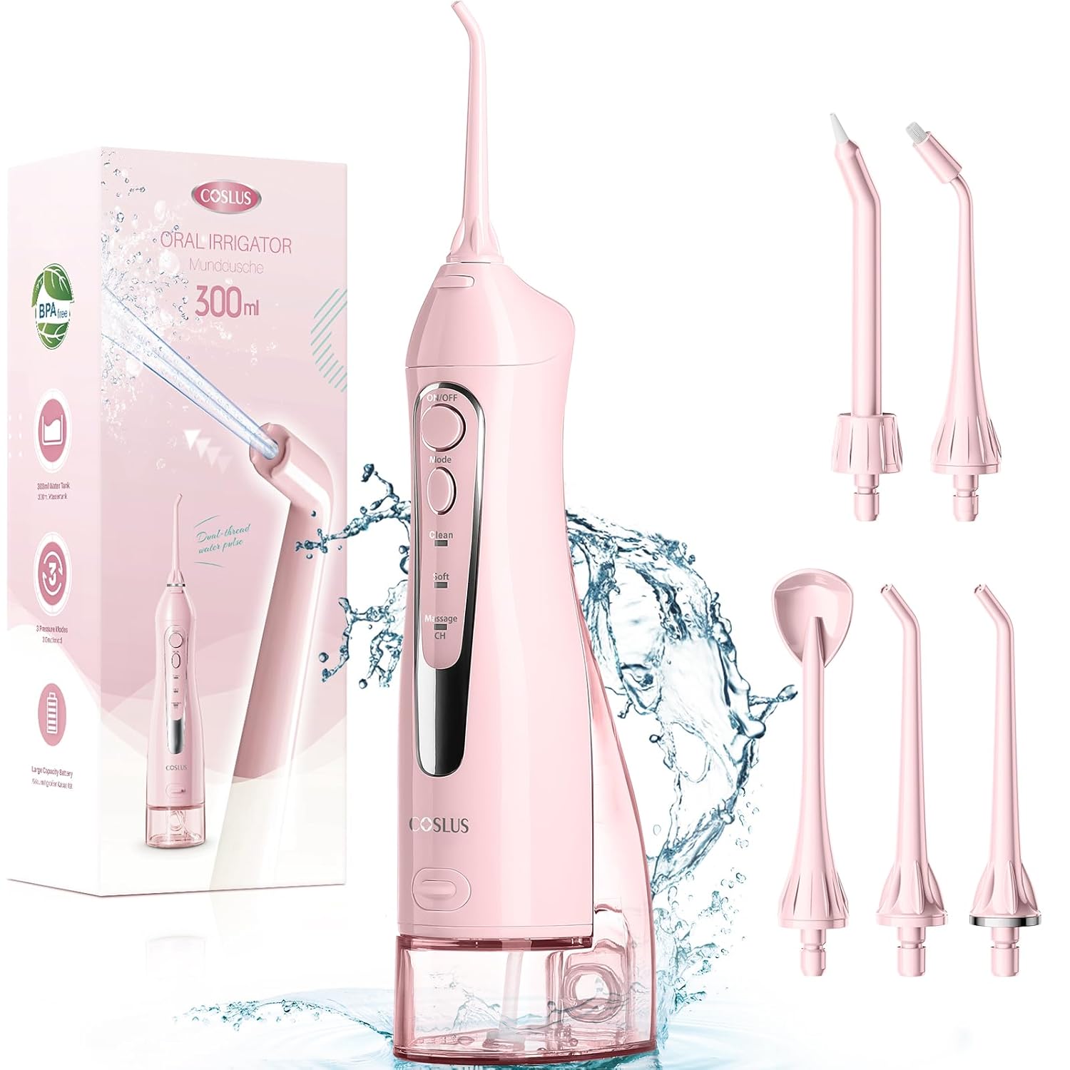 COSLUS Water Dental Flosser Teeth Pick: Portable Cordless Oral Irrigator 300ML Rechargeable Travel Irrigation Cleaner IPX7 Waterproof Electric Waterflosser for Teeth Cleaning F5020E Pink