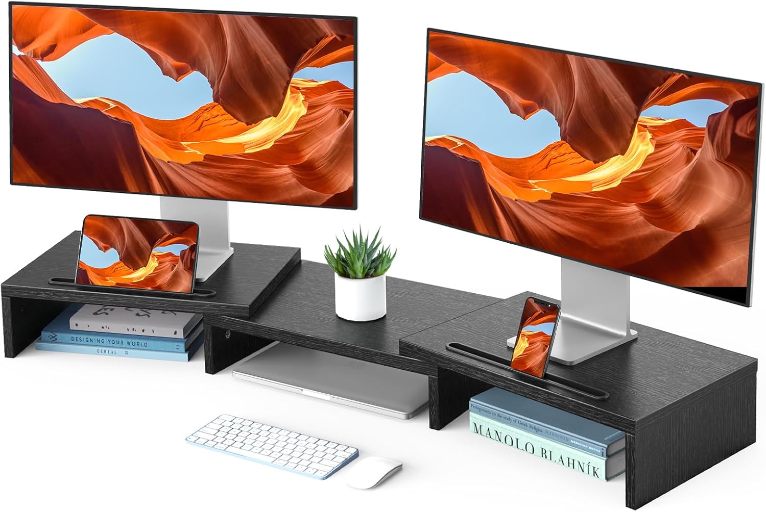 HUANUO Dual Monitor Stand Riser, Computer Monitor Stand for 2 Monitors, Adjustable Length Angle Desk Shelf with 2 Storage Slots, Desktop Organizer Stand Riser for Computer, Laptop, PC, TV, HNMS02