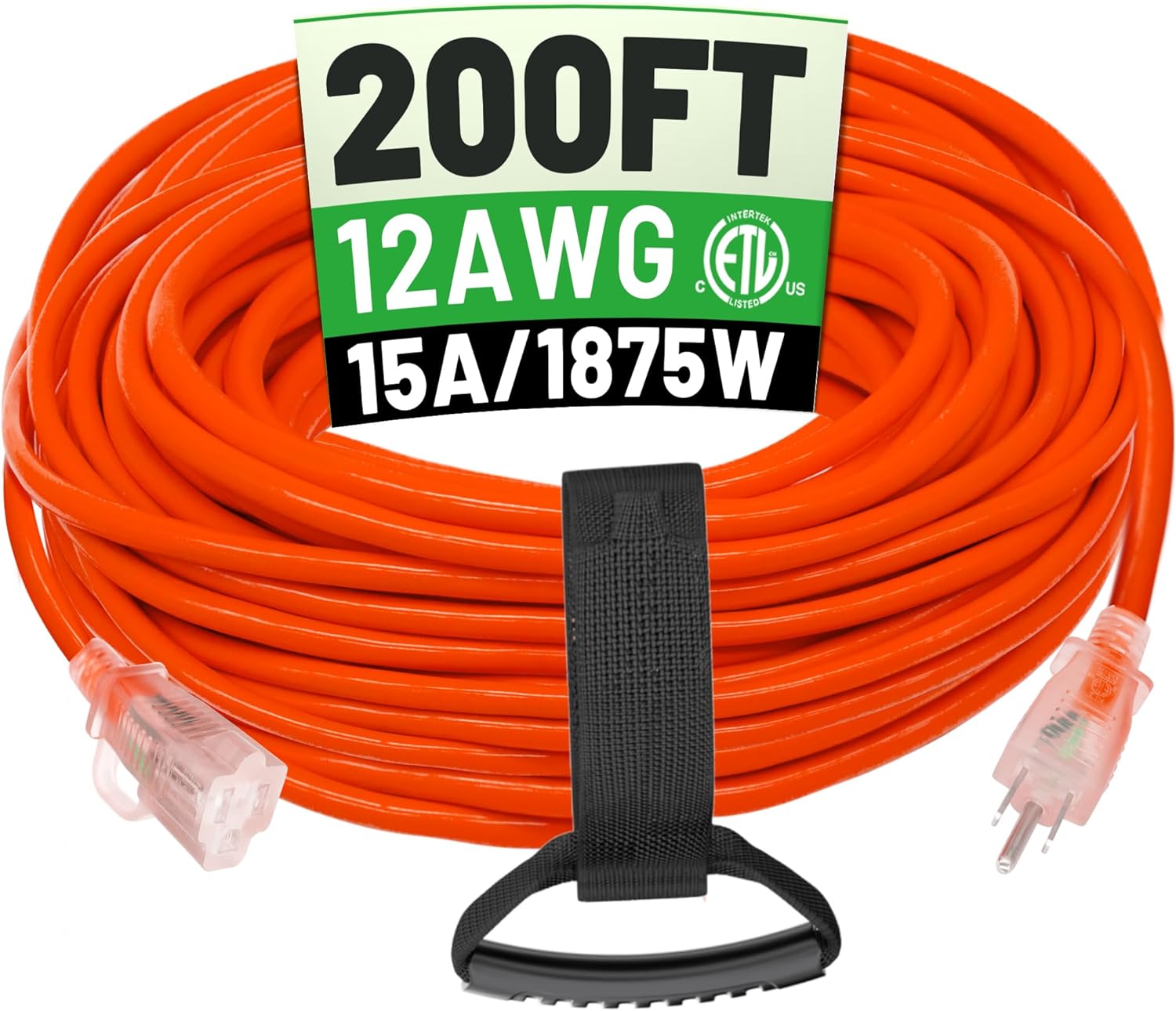 200 ft 12/3 Outdoor Extension Cord Waterproof Heavy Duty with Lighted Indicator End 12 Gauge 3 Prong, Flexible Cold-Resistant Long Power Cord Outside, 15Amp 1875W SJTW Orange ETL Listed