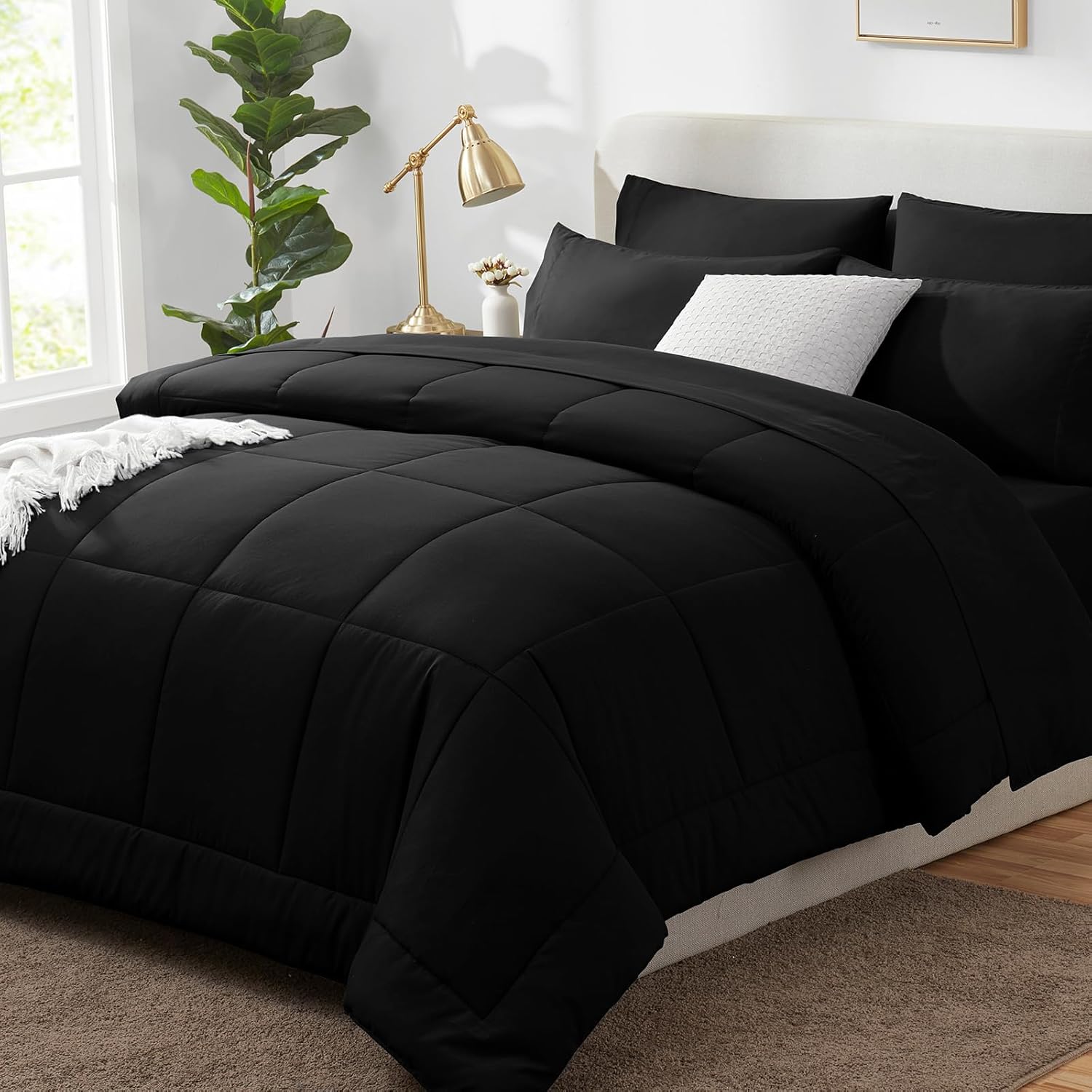 CozyLux King Size Comforter Set – 7 Pieces Bed in a Bag Set Black, King Bedding Set with All Season Quilted Comforter, Flat Sheet, Fitted Sheet, Pillowcases