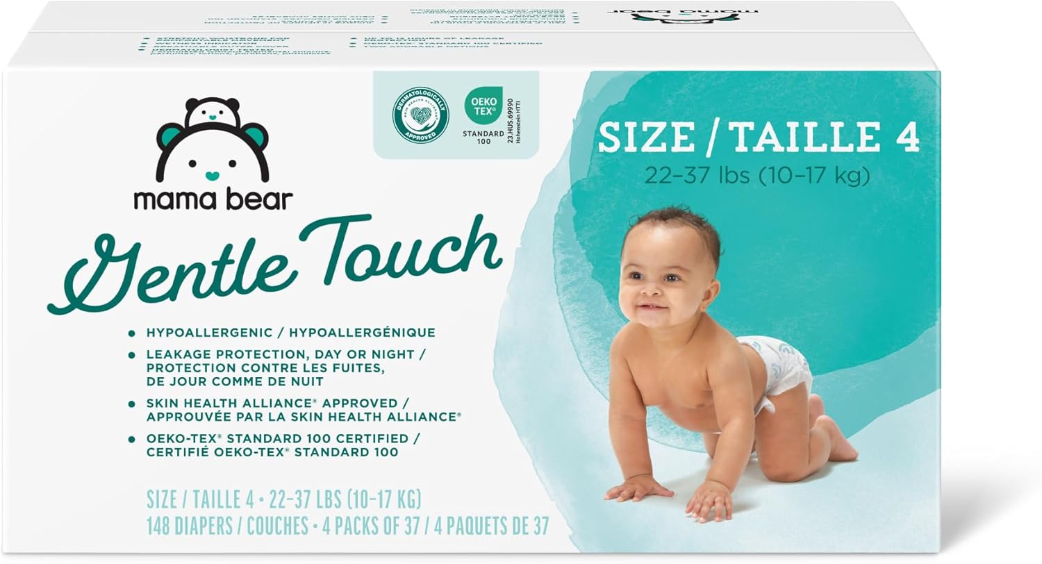 Amazon Brand – Mama Bear Gentle Touch Diapers, Hypoallergenic, Size 4, 148 Count, 4 Packs of 37, White