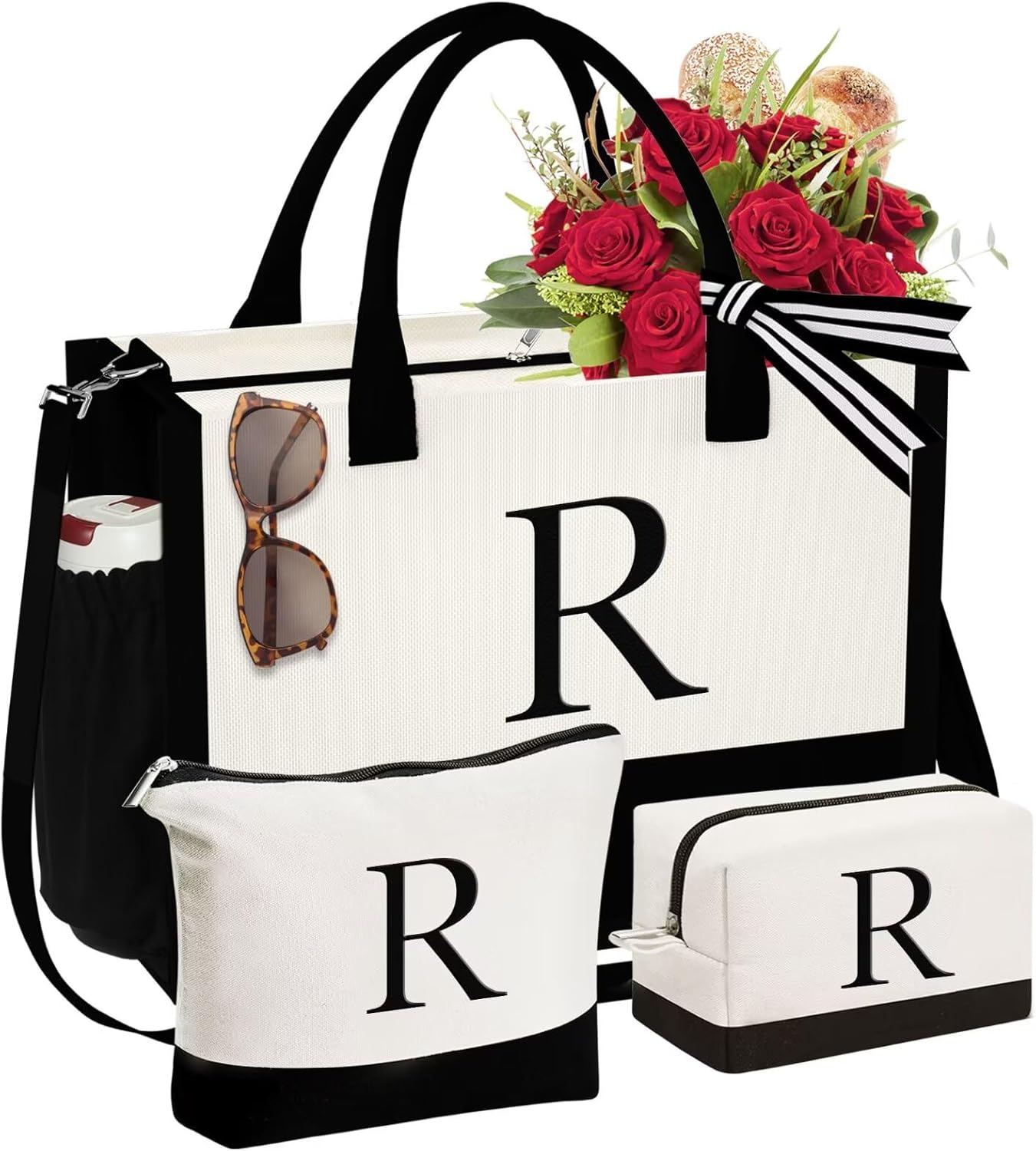 YOOLIFE 3 Pcs Gifts for Women – Initial Canvas Tote Bag & Makeup Bag Personalized Mothers Day Birthday Gifts for Women Her Girlfriend Friends Female Sister Teacher