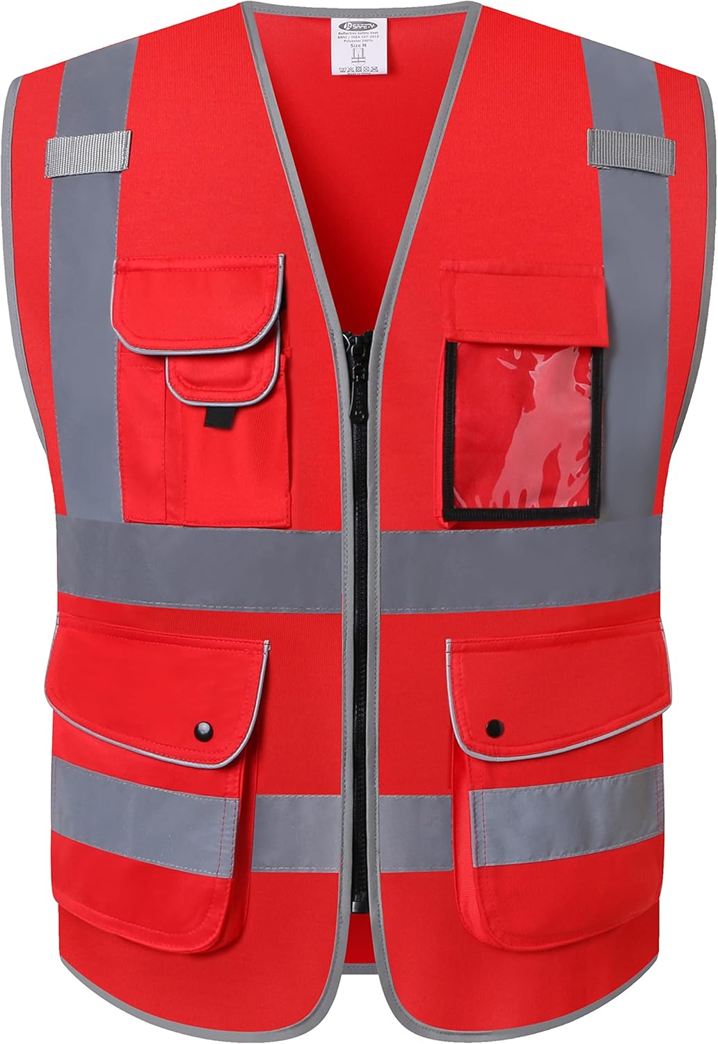 JKSafety 9 Pockets High Visibility Zipper Front Safety Vest With Reflective Strips,Meets ANSI/ISEA Standard (Large, 150-Red)