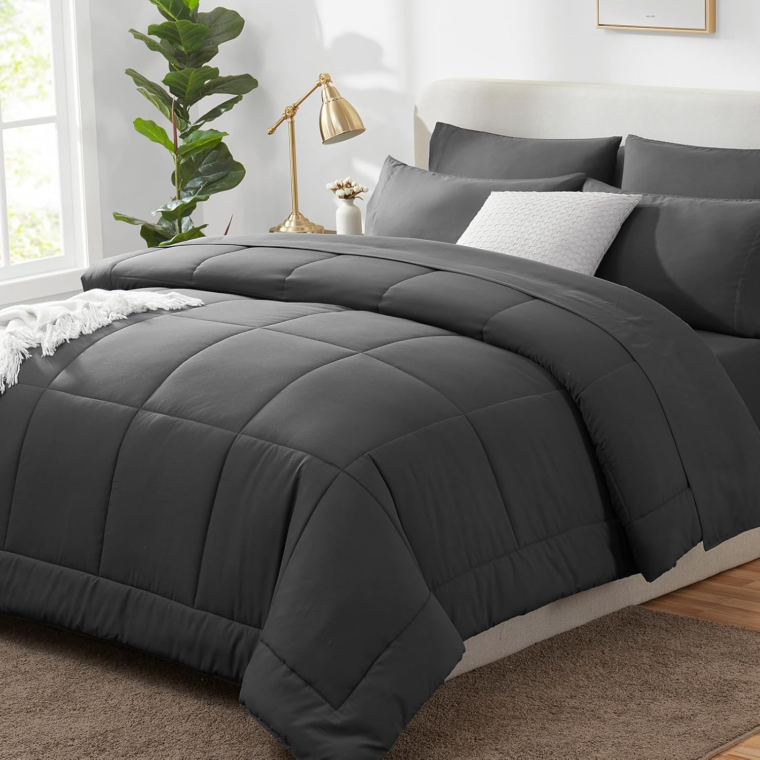 CozyLux Queen Comforter Set – 7 Pieces Bed in a Bag Set Dark Grey, Bedding Sets Queen with All Season Quilted Comforter, Flat Sheet, Fitted Sheet, Pillowcases, Dark Gray, Queen