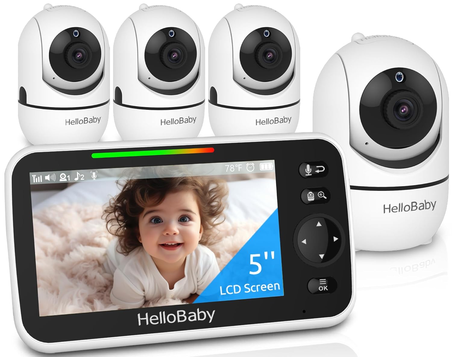 HelloBaby HB6550 5″ Baby Monitor 4 Cameras No WiFi, 26-Hour Battery, Pan-Tilt-Zoom, 1000ft Range Video Audio Baby Monitor, ECO, Night Vision, 2-Way Talk, 8 Lullabies and Temperature, Ideal Gifts