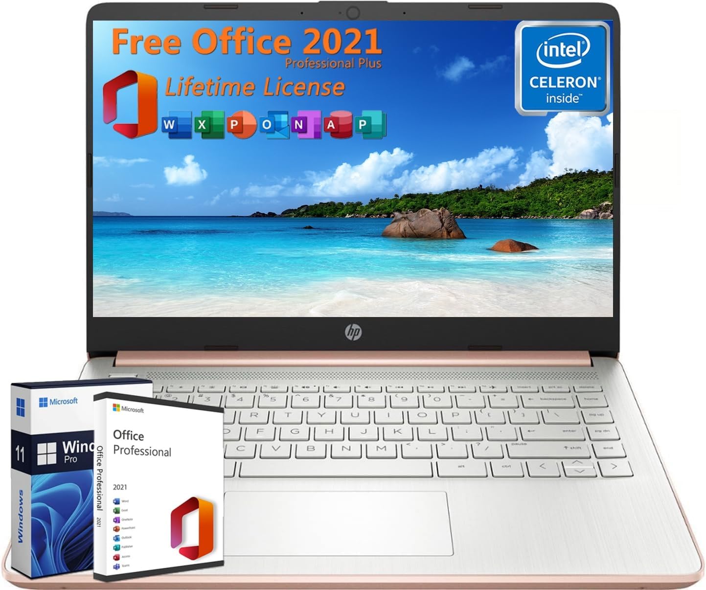 HP 2024 Newest 14″ Laptop Student Business, with Office Lifetime License & Windows 11 Pro, Intel Dual-Core N4120, 16GB RAM, 384GB Storage(128GB eMMC+256GB Micro SD), Ultra Light, Webcam, WiFi, HDMI