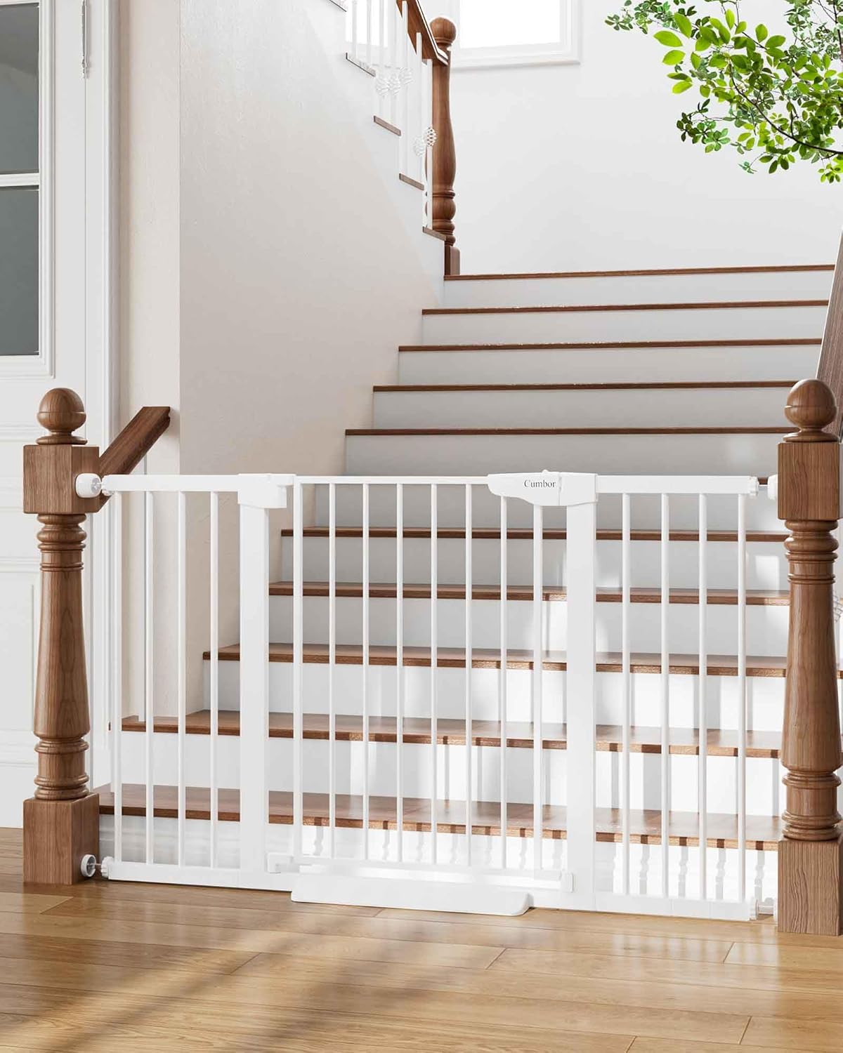 Cumbor 29.7-54.2″ Wide Baby Gate for Stairs, Mom’s Choice Awards Winner-Self Closing Dog Gate Indoor for Doorways, No Drilling Pressure Mounted Pet Gates for Kids, Easy Walk Through Safety Gate, White