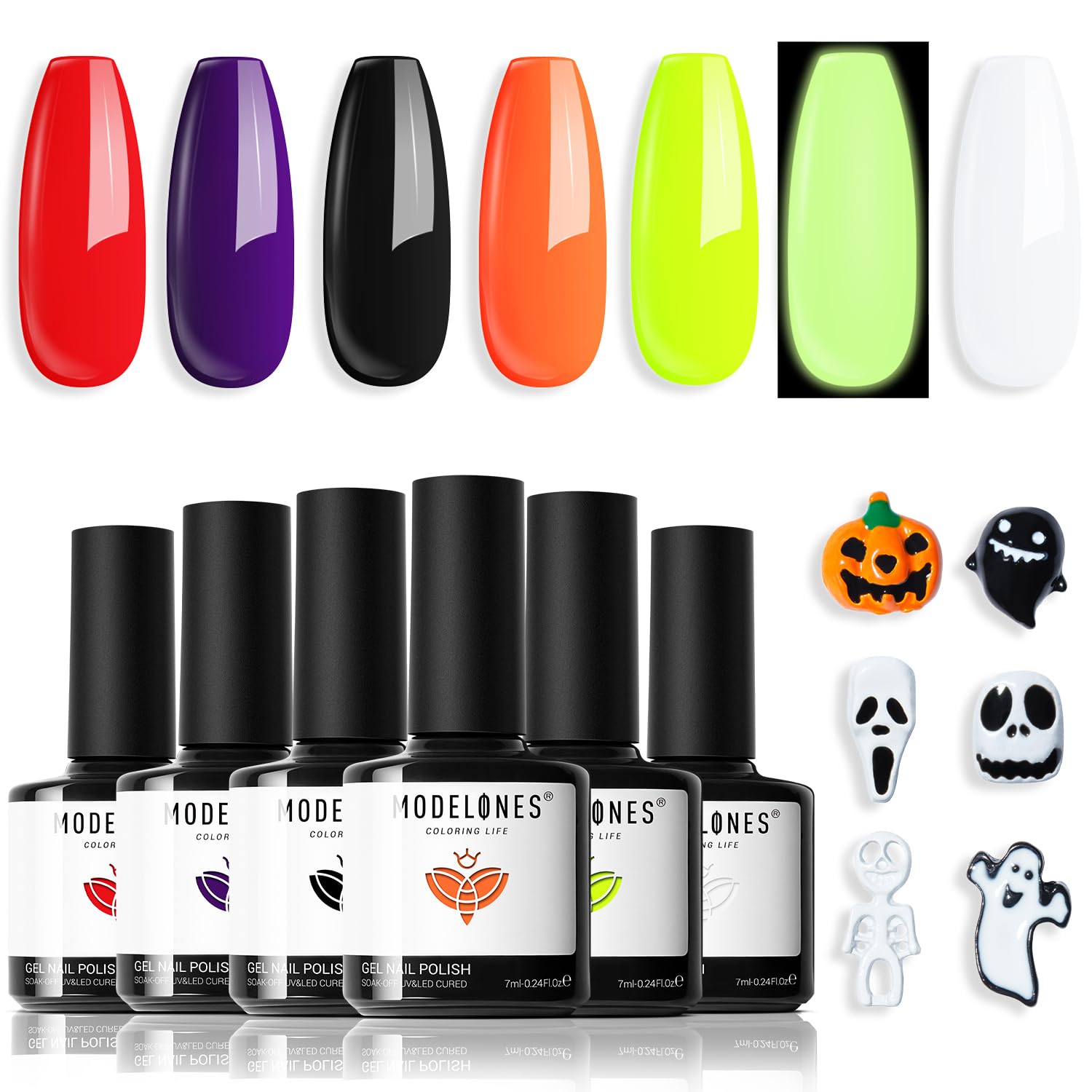 modelones Halloween Gel Nail Polish Set 6 Colors Hocus Pocus Collection Glow in the Dark Neon Green Orange Purple Red Black Gel Polish Set Fall Soak Off LED Nail Art Gel Kit Gift with Nail Stikers