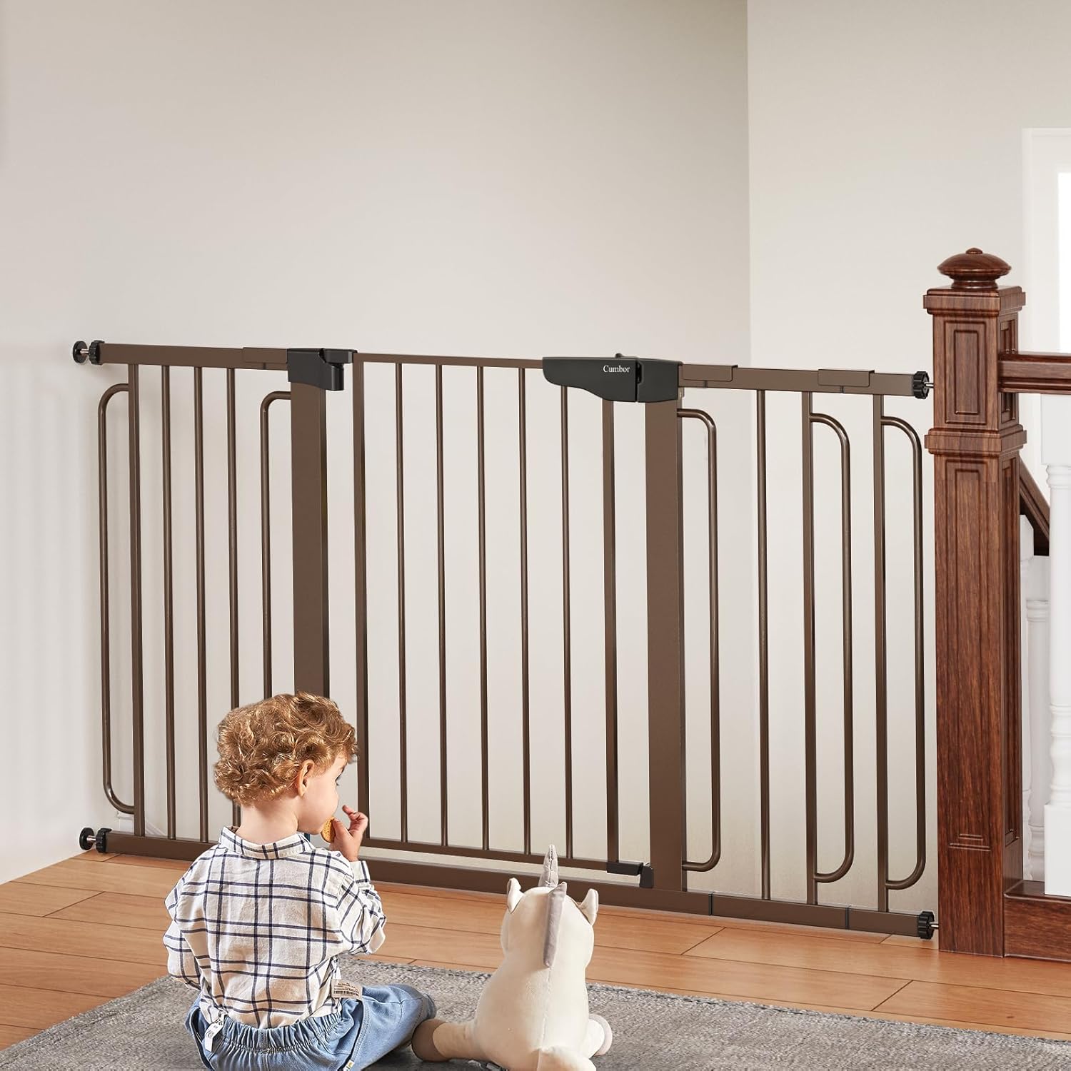 Cumbor 29.7-57″ Extra Wide Baby Gate for Stairs, Mom’s Choice Awards Winner-Dog Gate for Doorways, Pressure Mounted Walk Through Safety Child Gate for Kids Toddler, Tall Pet Puppy Fence Gate, Brown