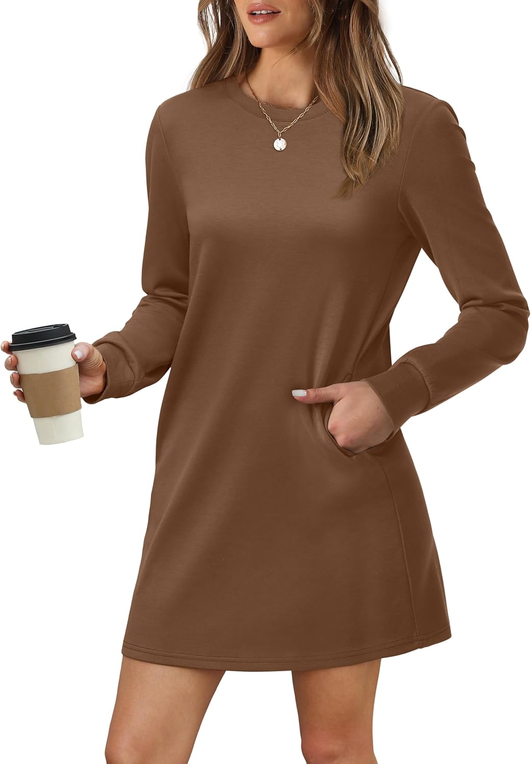 WIHOLL Dresses for Women Long Sleeve Casual Loose Fit Fall Fashion Crewneck Mini Dress with Pockets