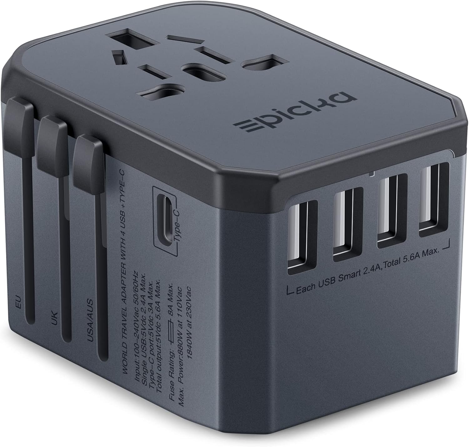 EPICKA Universal Travel Adapter One International Wall Charger AC Plug Adaptor with 5.6A Smart Power and 3.0A USB Type-C for USA EU UK AUS (TA-105, Space Gray)