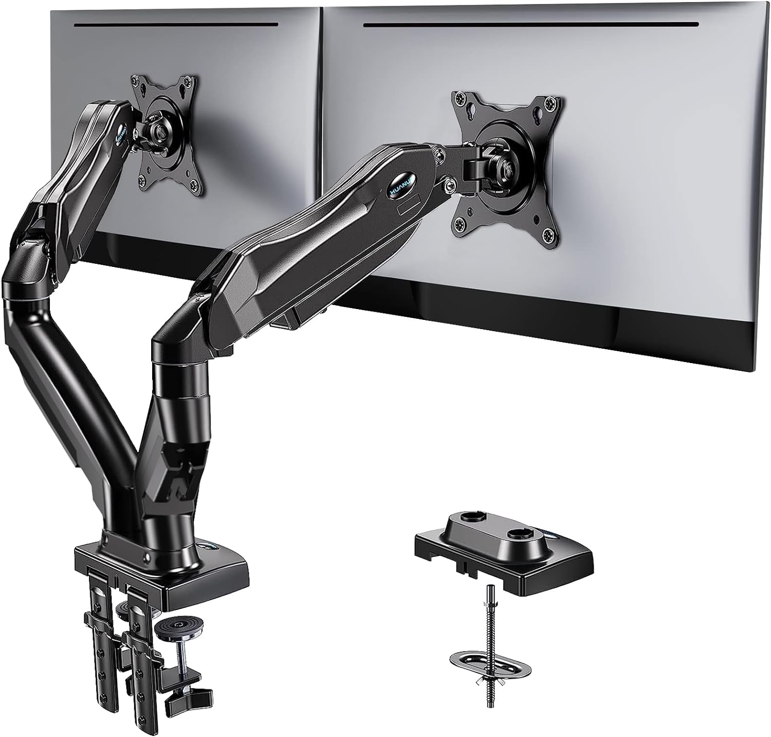 HUANUO Dual Monitor Stand – Full Adjustable Monitor Desk Mount Swivel Vesa Bracket with C Clamp, Grommet Mounting Base for 13 to 30 Inch Computer Screens – Each Arm Holds 4.4 to 19.8lbs