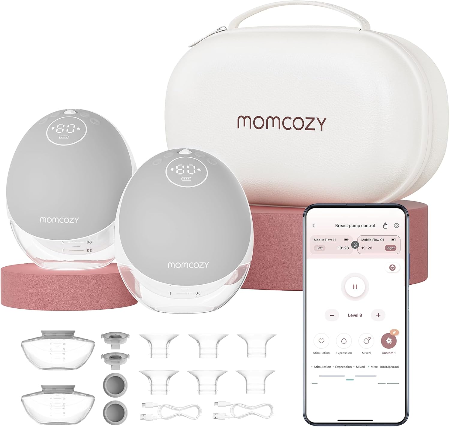 Momcozy Breast Pump Hands Free Mobile Flow | M9, App Discreet Control with Personalized Multi-Modes & 15 Levels, Independent Breastmilk Storage, Wearable Breast Pump M9 24mm, 2 Pack Gray