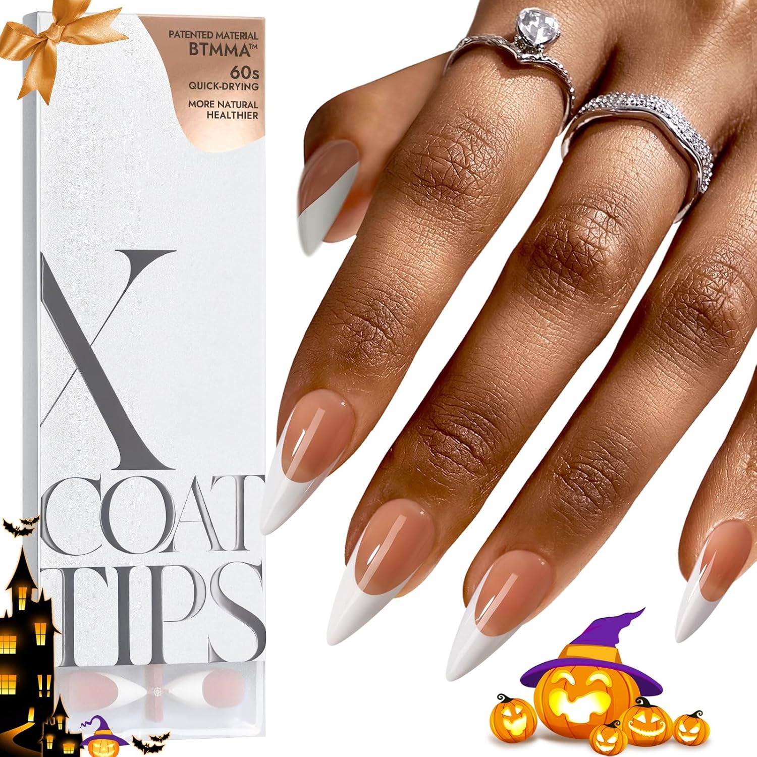 BTArtboxnails French Gel Nail Tips – Halloween Nails French Tip Press on Nails Brown Long Stiletto XCOATTIPS Pre-applied Tip Primer & Base Coat, No Need to File Fake Nails for Nail Art DIY