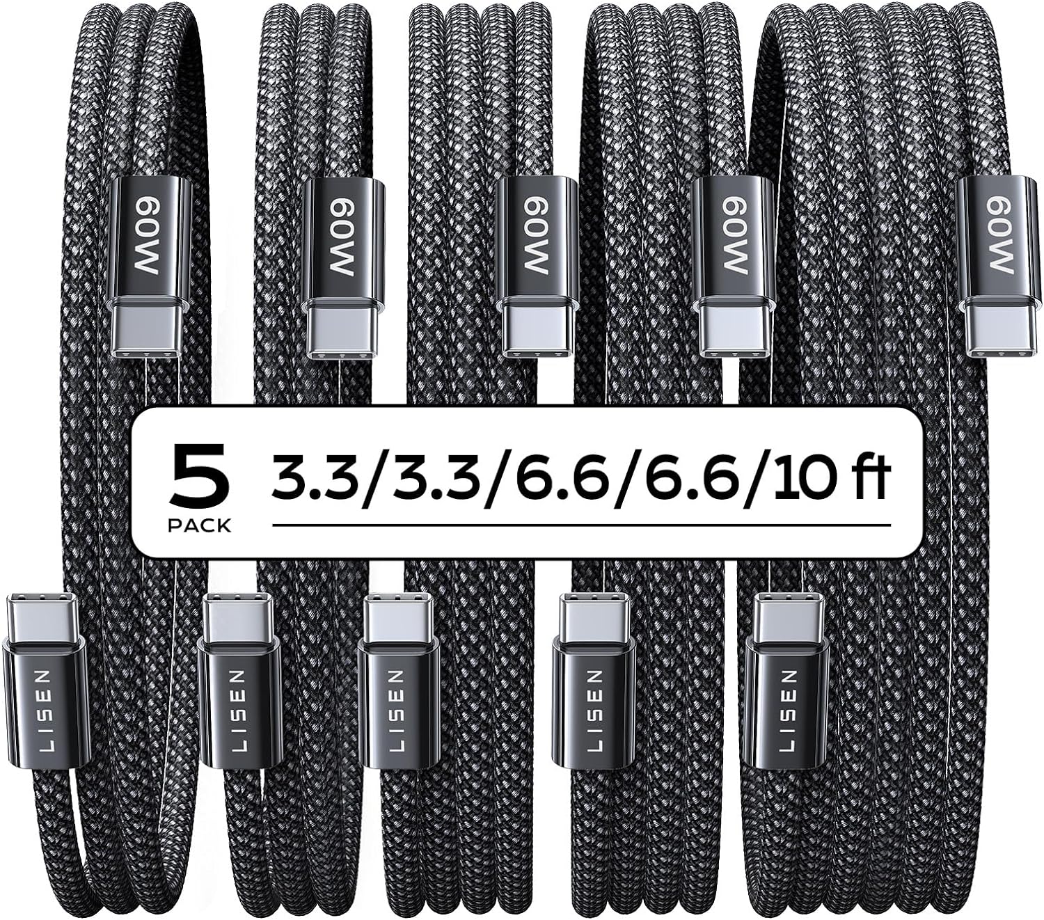 LISEN USB C Cable, 5-Pack [3.3/3.3/6.6/6.6/10FT] USBC to USBC Cable for iPhone 16 15 Pro Max Plus, 60W (3.1A) C to C Cable Fast Charging for Samsung S24/23, iPad, MacBook Air/Pro USBC Charger