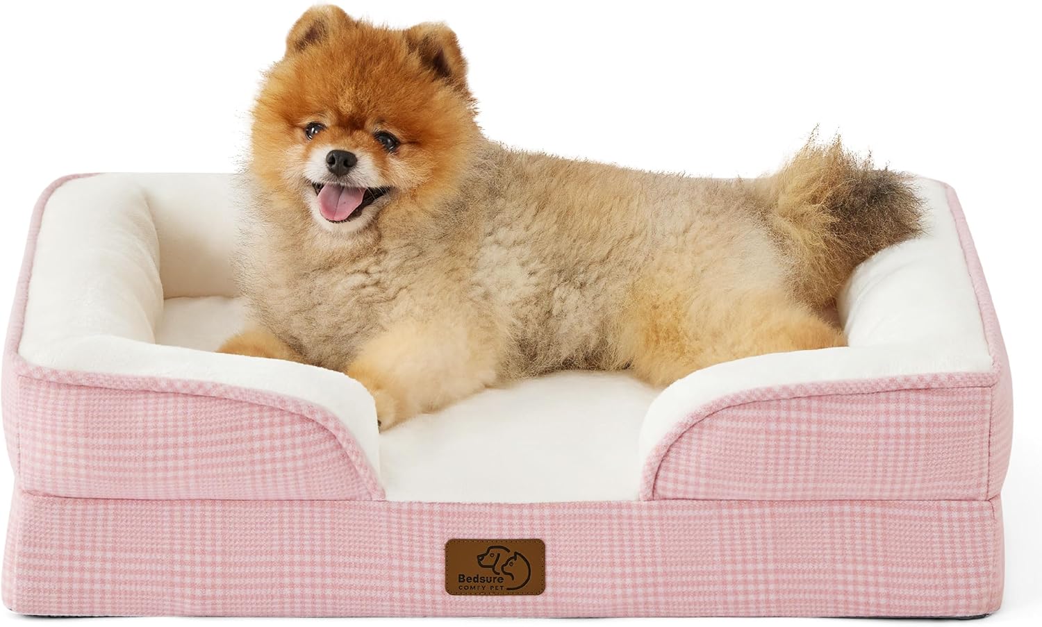 Bedsure Small Orthopedic Dog Bed – Washable Bolster Dog Sofa Beds for Small Dogs, Supportive Foam Pet Couch Bed with Removable Washable Cover, Waterproof Lining and Nonskid Bottom Couch, Pink Plaid