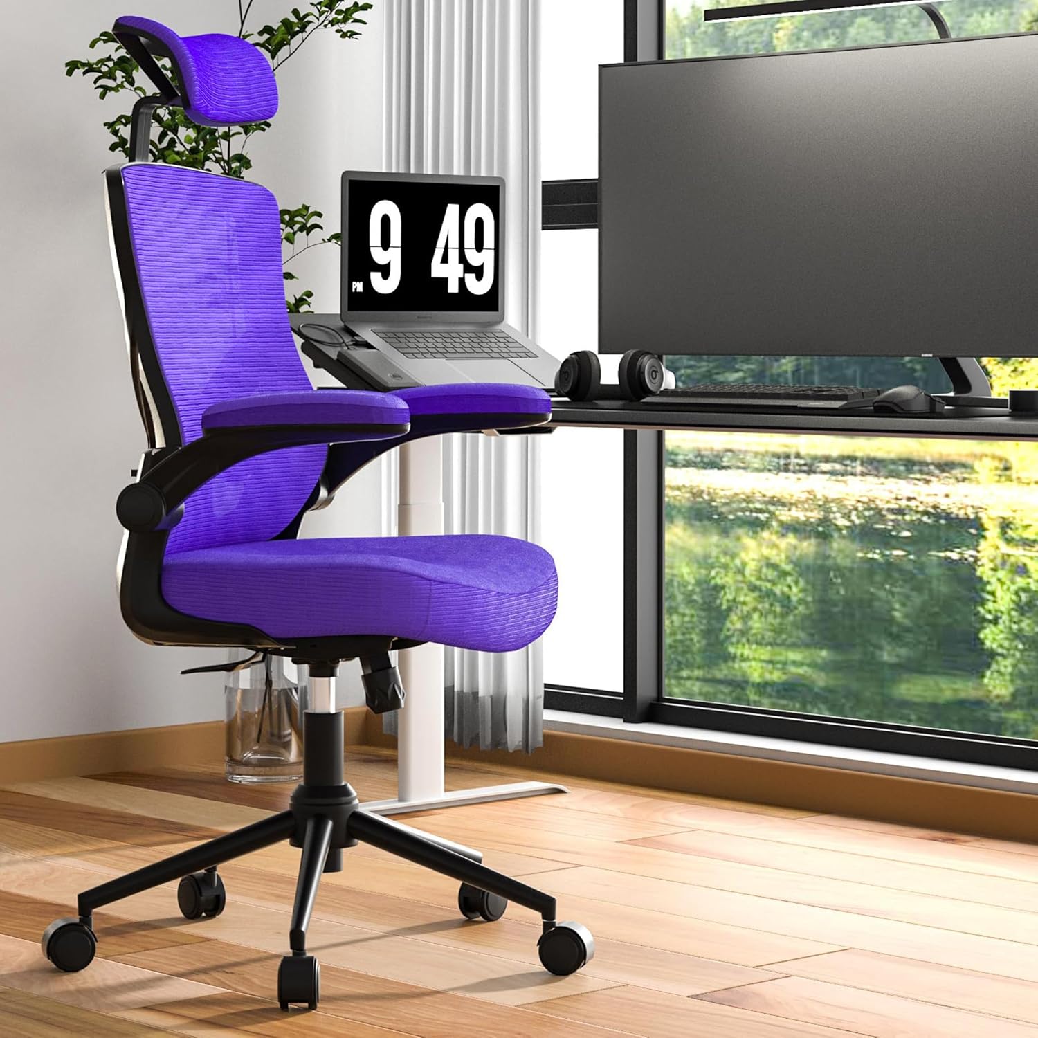 𝑯𝑶𝑴𝑬 𝑶𝑭𝑭𝑰𝑪𝑬 𝑪𝑯𝑨𝑰𝑹, Ergonomic Mesh Desk Chair, High Back Computer Chair- Adjustable Headrest with Flip-Up Arms, Lumbar Support, Swivel Executive Task Chair (Modern, Blue Violet)