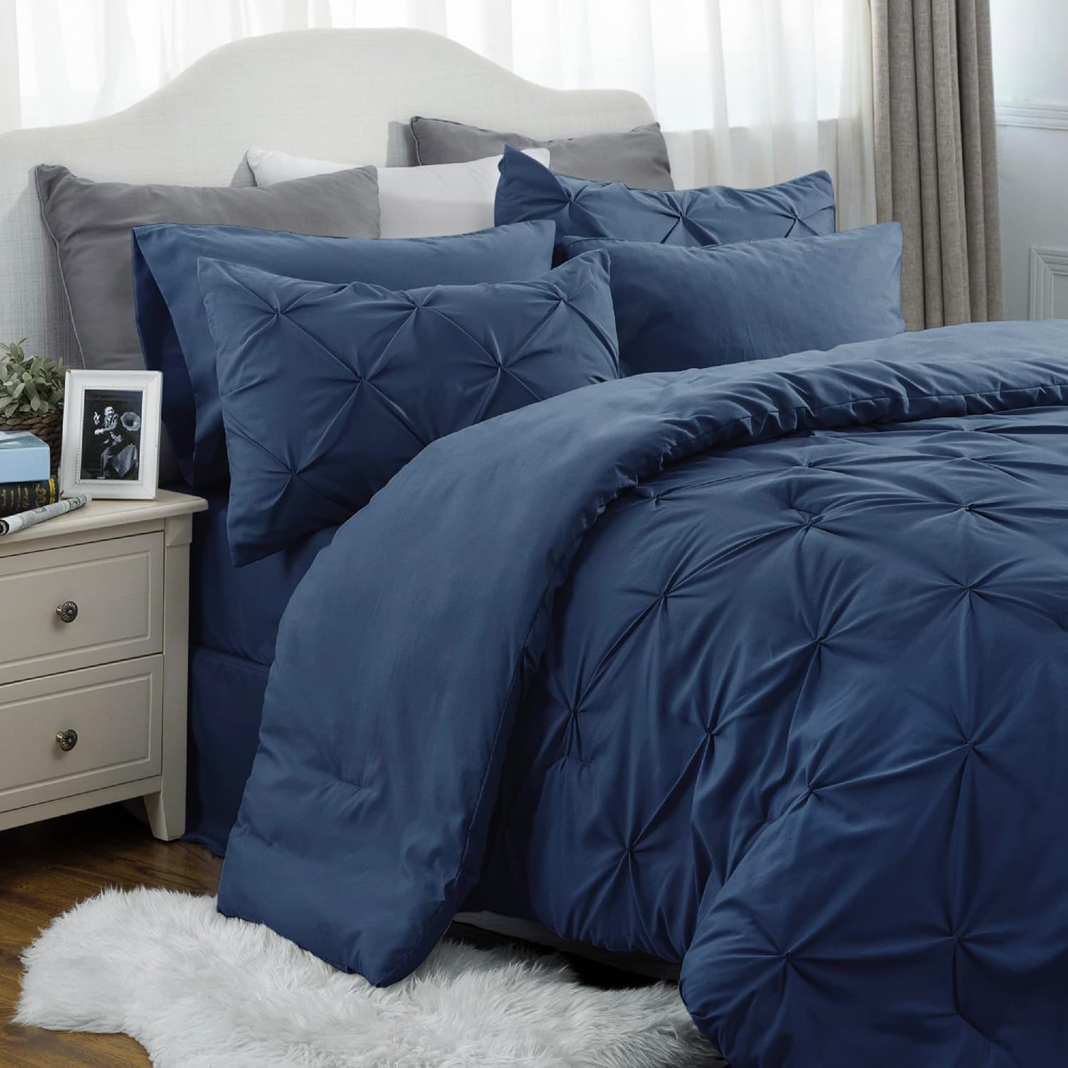 Bedsure Navy Comforter Set Queen – Bed in a Bag Queen 7 Pieces, Pintuck Bedding Sets Navy Blue Bed Set with Comforter, Sheets, Pillowcases & Shams