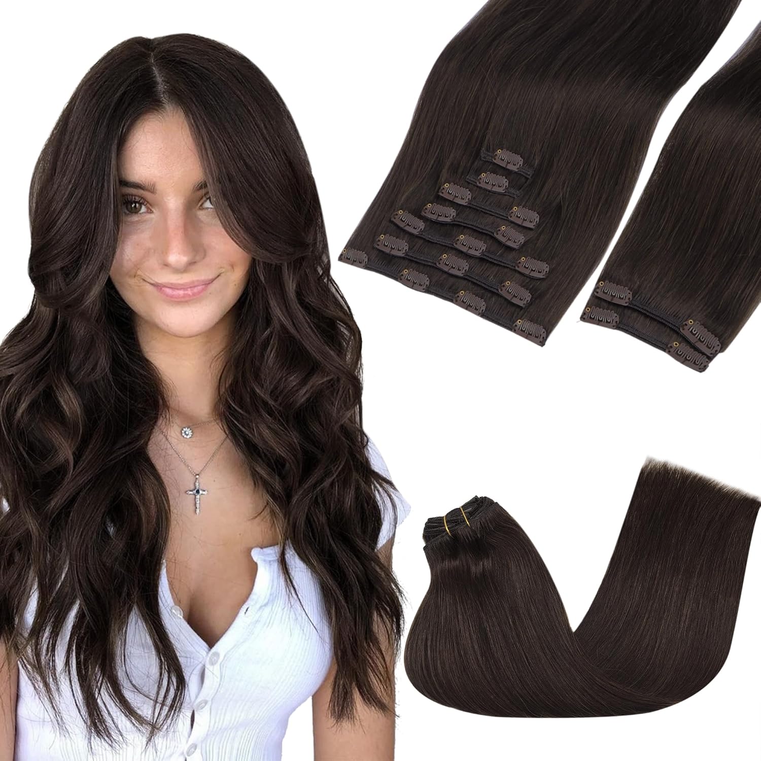 GOO GOO Clip in Hair Extensions Real Human Hair, Remy Human Hair Extensions Clip ins for Women, Natural Human Hair, 20inch 150g 9Pcs, 2A Light Brown