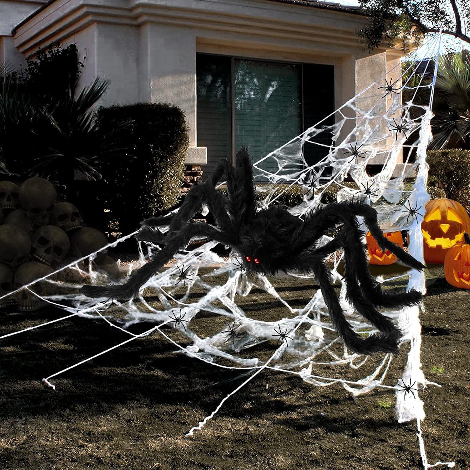 Halloween Decorations Outdoor 295” Halloween Spider Web Decor 59” Scary Giant Spider 100 Small Fake Spiders 40g Stretch Cobwebs Spider Webs Halloween Decorations for Outside Yard Garden Lawn Party
