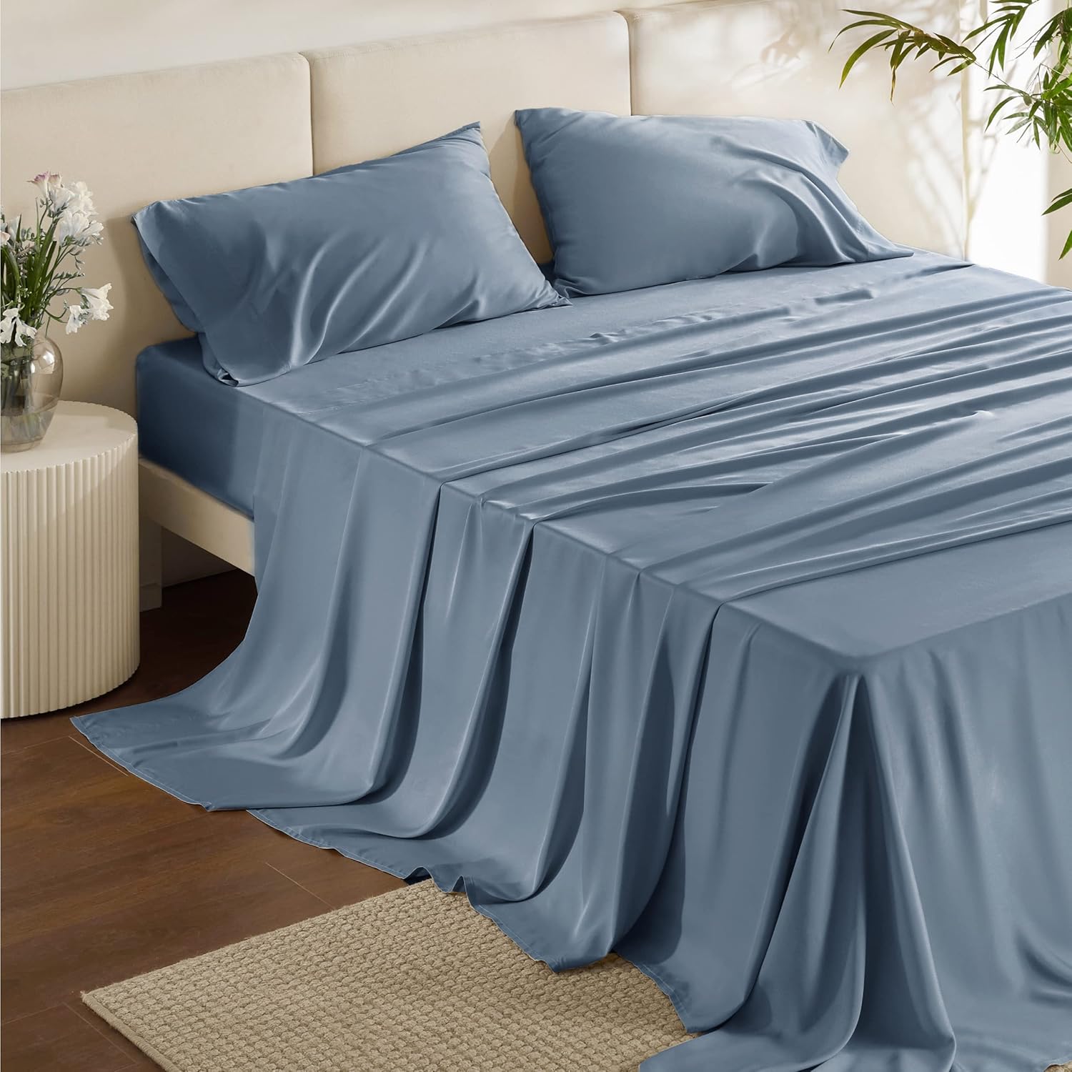 Bedsure Full Size Sheets, Cooling Sheets Full, Rayon Derived from Bamboo, Deep Pocket Up to 16″, Breathable & Soft Bed Sheets, Hotel Luxury Silky Bedding Sheets & Pillowcases, Mineral Blue