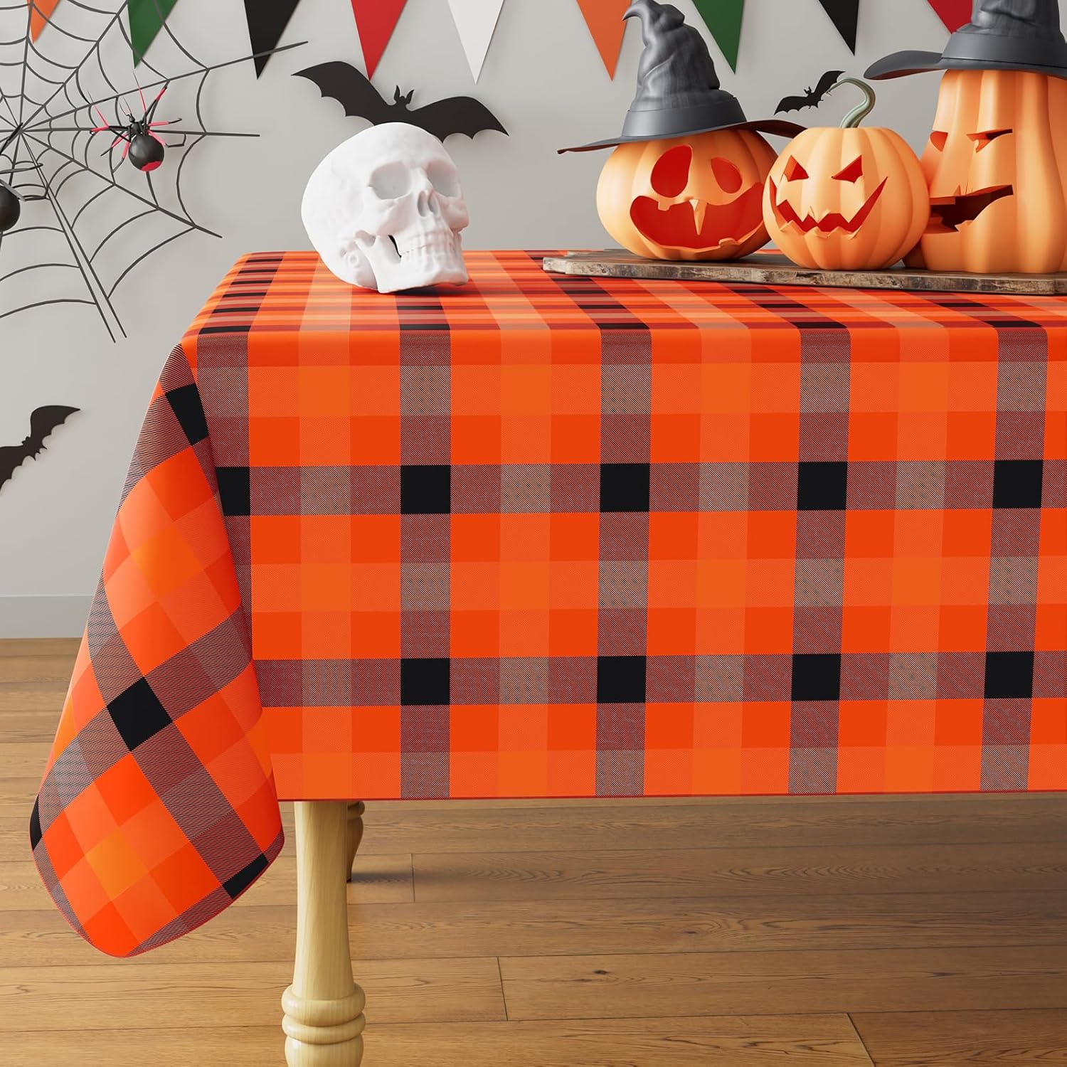 misaya Rectangle Waterproof Vinyl Table Cloth, Buffalo Flannel Backed Tablecloth, Wipeable Plastic Table Cover for Fall, Thanksgiving (60″ x 84″, Black and Orange and Yellow)