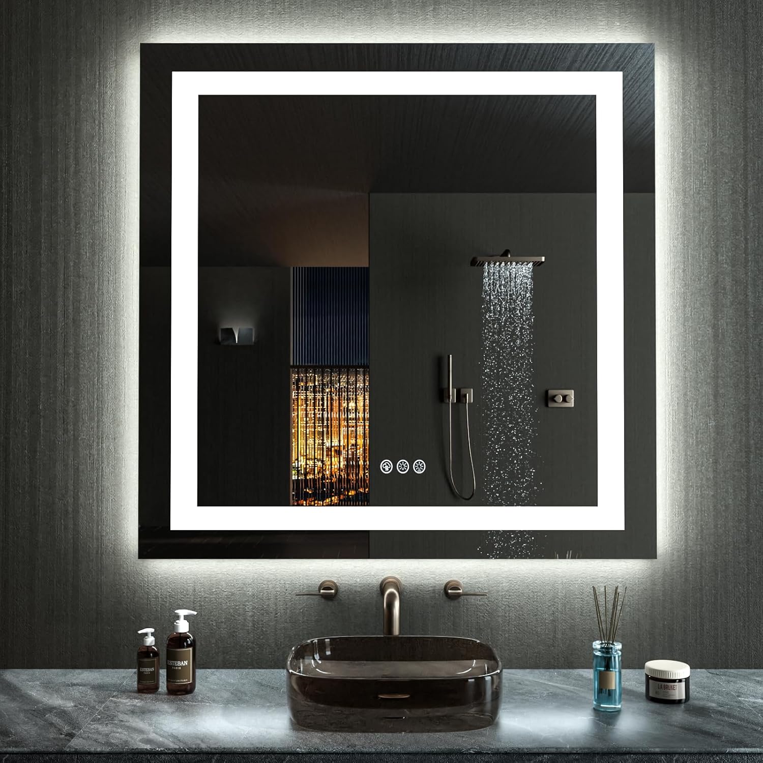 LOAAO 32″X32″ LED Bathroom Mirror with Lights, Anti-Fog, Dimmable, RGB Backlit + Front Lighted, Bathroom Vanity Mirror for Wall, Memory Function, Waterproof, Tempered Glass