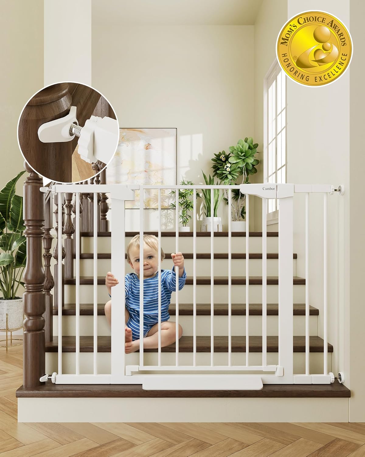 Cumbor 29.7-46″ Baby Gate for Stairs, Mom’s Choice Awards Winner-Auto Close Dog Gate for the House, Easy Install Pressure Mounted Pet Gates for Doorways, Easy Walk Thru Wide Safety Gate for Dog, White