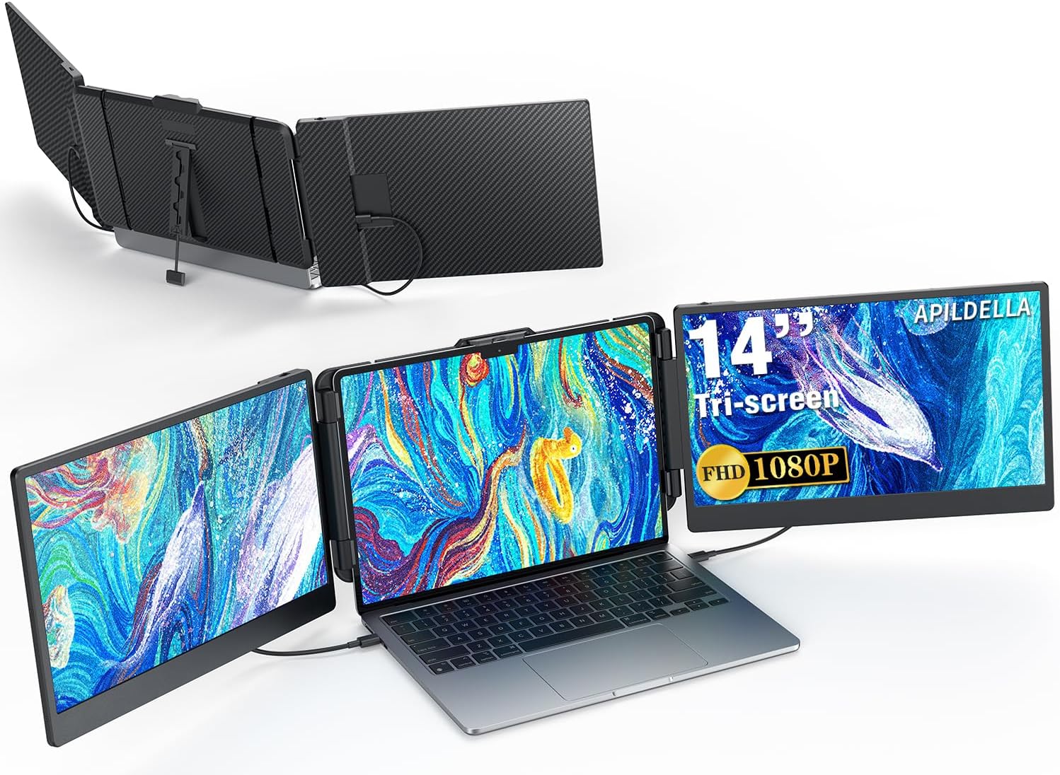 14’’ Triple Laptop Screen Extender, 1080P FHD Portable Dual Monitor for Laptop USB C HDMI, Plug-play Monitor Extender for Mac/Windows, Fit 13”-17.3” Laptops