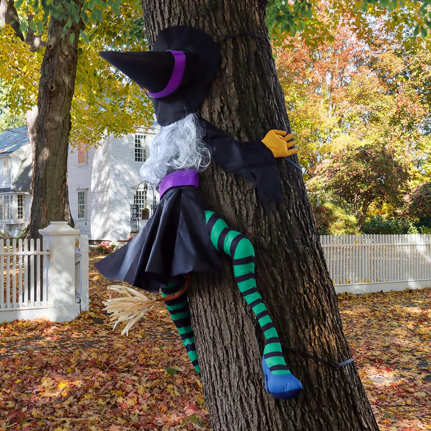 Crashing Witch into Tree Large Halloween Decorations Outside, 63″ Flying Witch Crashing Halloween Decor, Hanging Witch Decor Outdoor Ornaments for Front Porch, Door, Yard, Tree, Fence