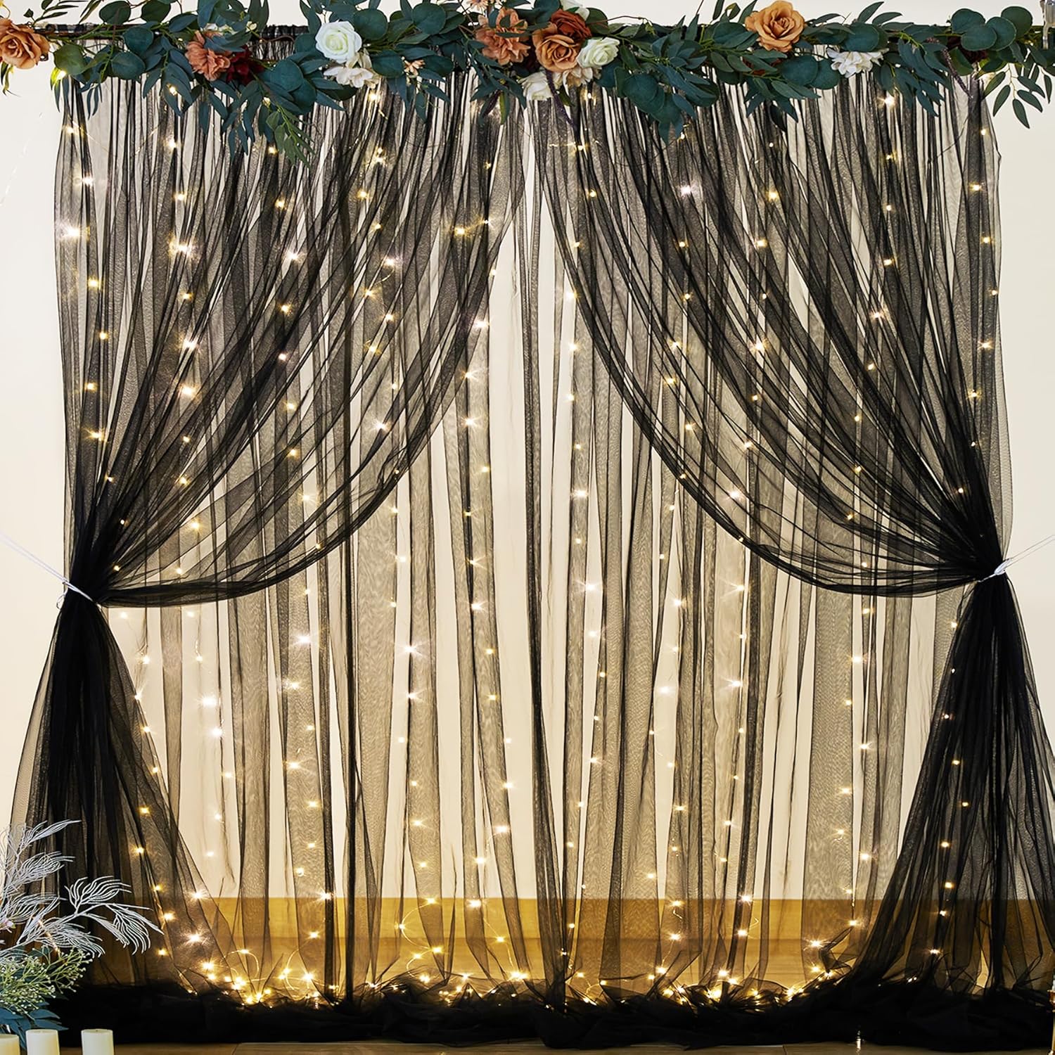 Black Sheer Backdrop Curtains with Lights String for Parties Birthday 10ft × 8ft Black Tulle Backdrop Curtain for Baby Shower Wedding Halloween Photo Shoot Decorations