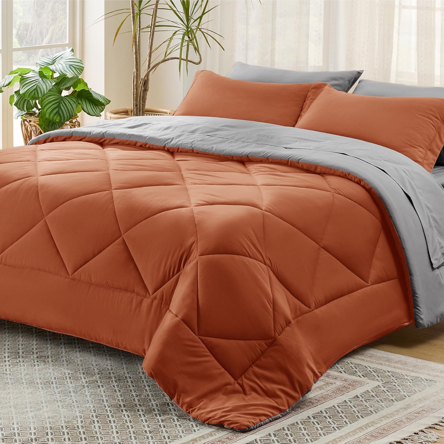 Bedsure Burnt Orange Twin XL Comforter Set – 5 Pieces Reversible Twin XL Bed in a Bag Twin XL Bed Set with Comforters, Sheets, Pillowcase & Sham, Twin XL Bedding Sets